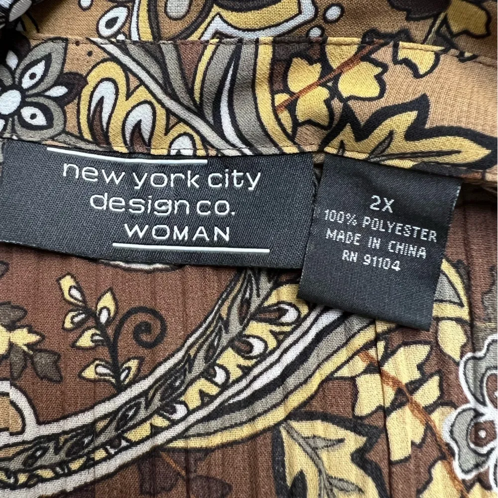 Vtg New York City Design Co Brown Floral Paisley Crinkle Retro Button Up Blouse‎ Size 2X - Image 7