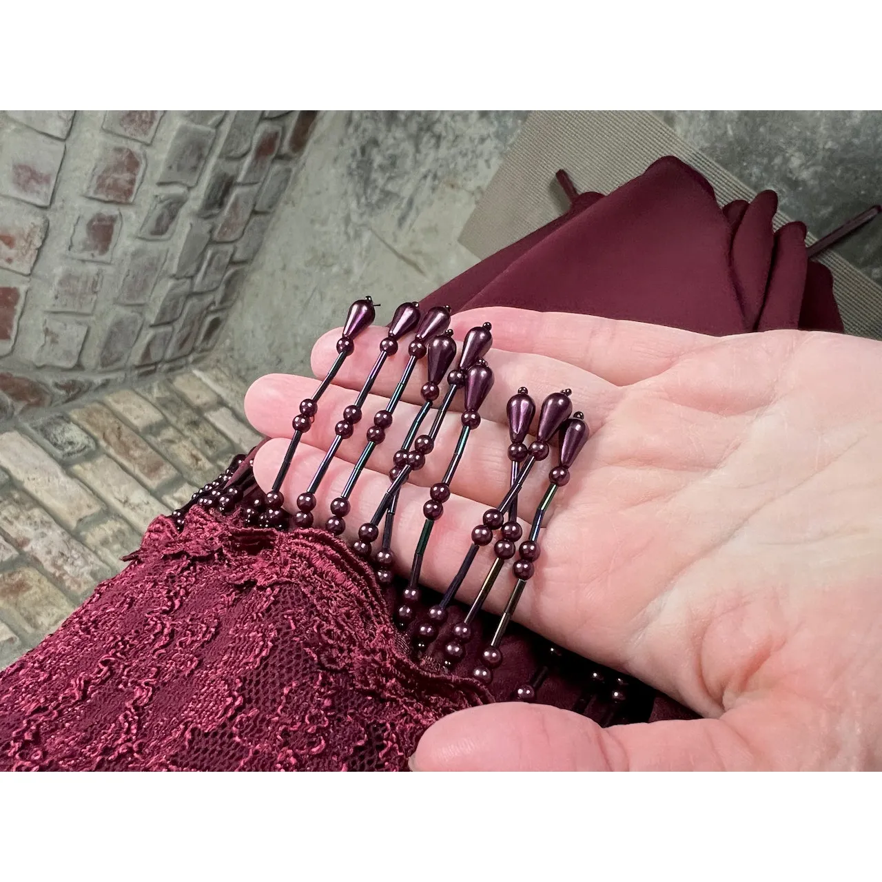 formal dress prom maroon wine red lace beaded fringe Size M - Image 10