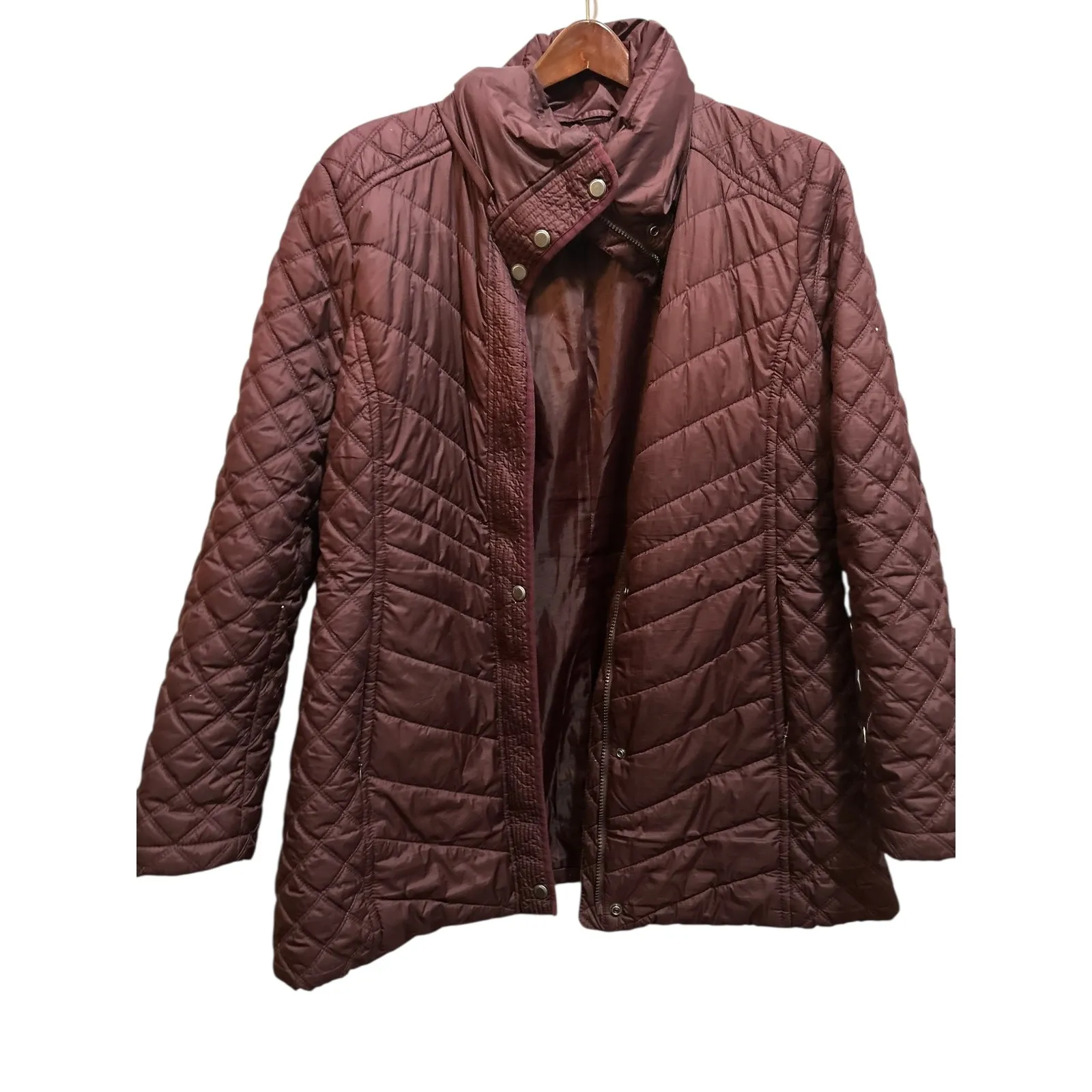 New York and Company Quilted Puffer Jacket Maroon Burgundy Snap Button Collar XL - Image 2