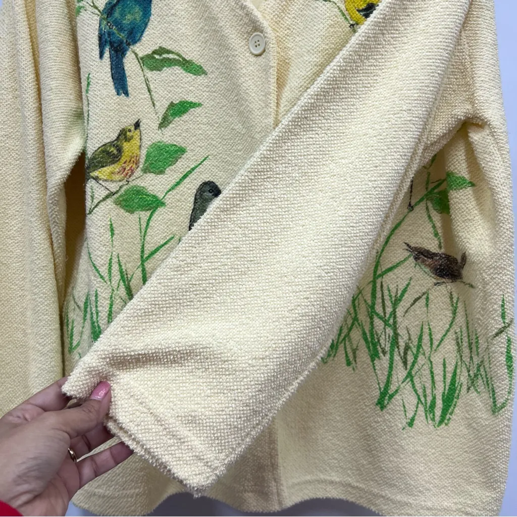 Vintage AU Women's yellow terry cloth cardigan Sweater Bird Art Applique Print Green Size L - Image 5
