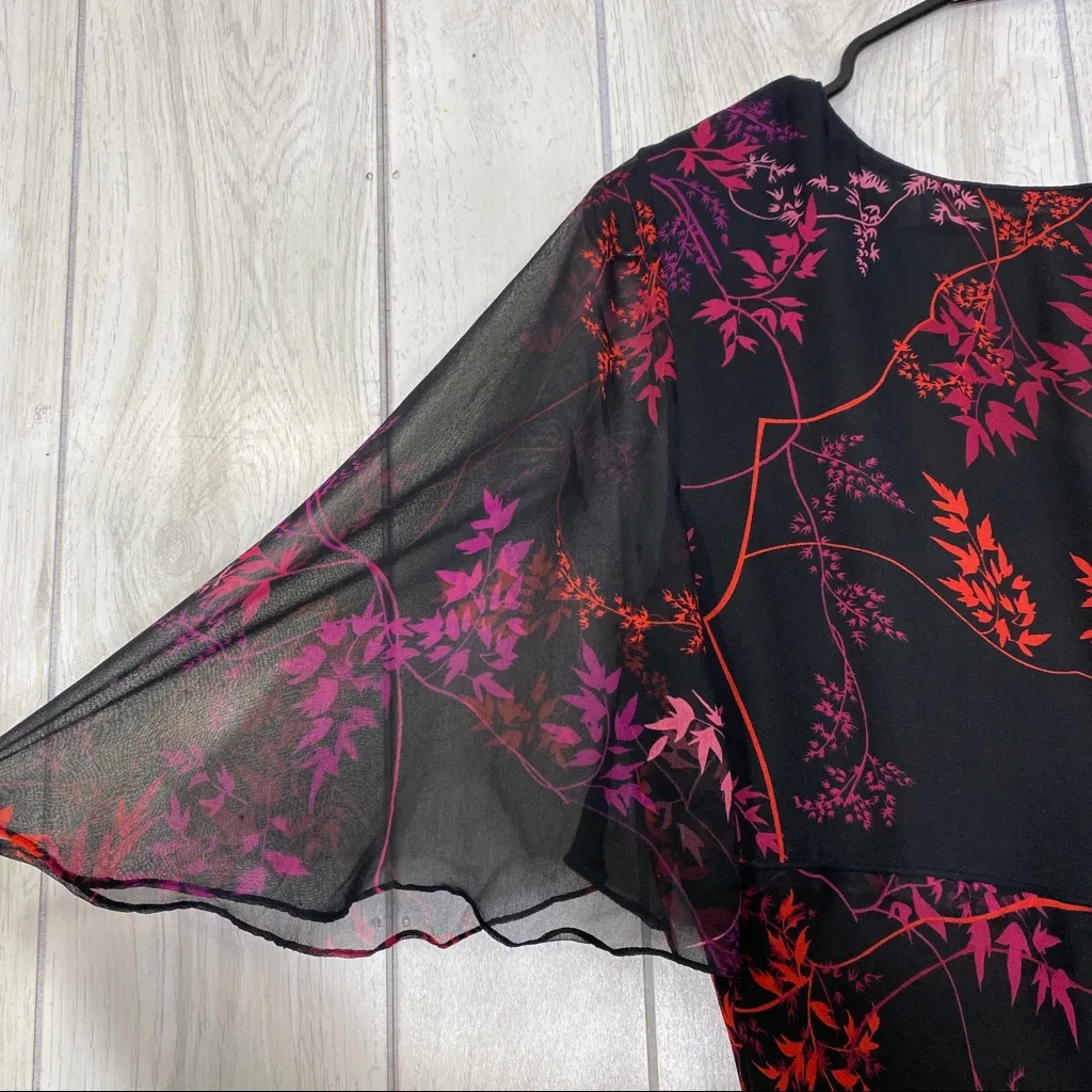 ICE Y2K Trendy Silk Floral Kimono Sleeve Floral Foliage Leaf Dress 10 *FLAWED* - Image 7