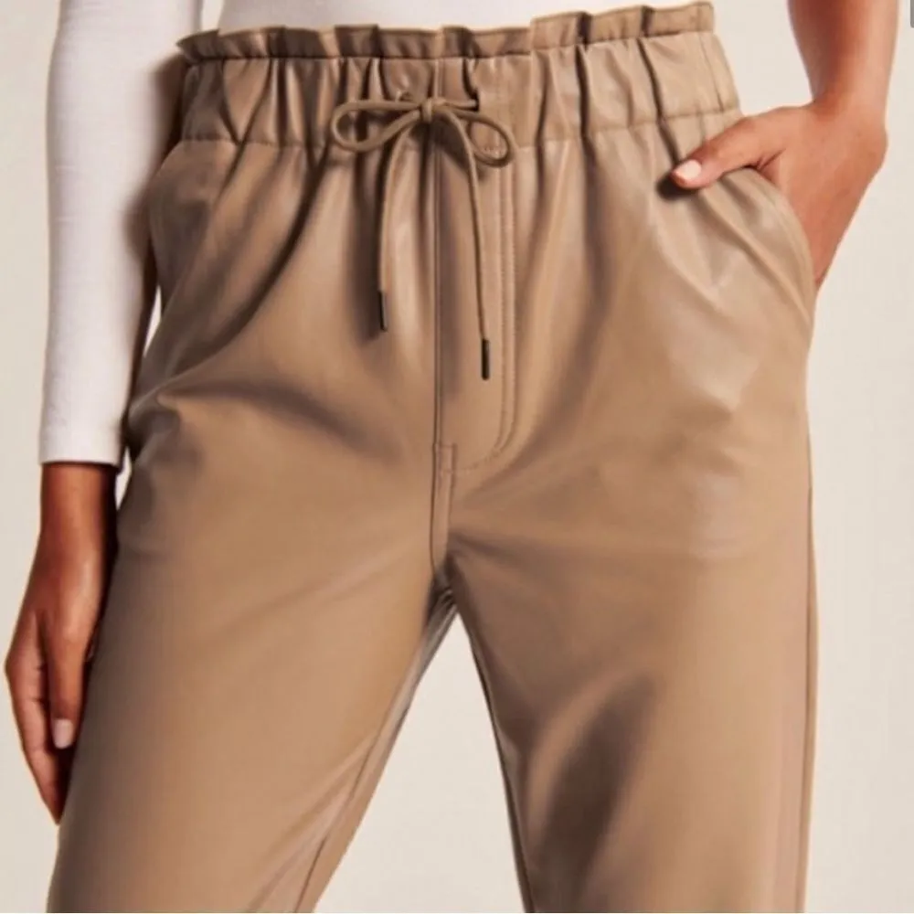 Abercrombie & Fitch Vegan Leather Tan Jogger Drawstring Paperbag Waist Size XL - Image 4