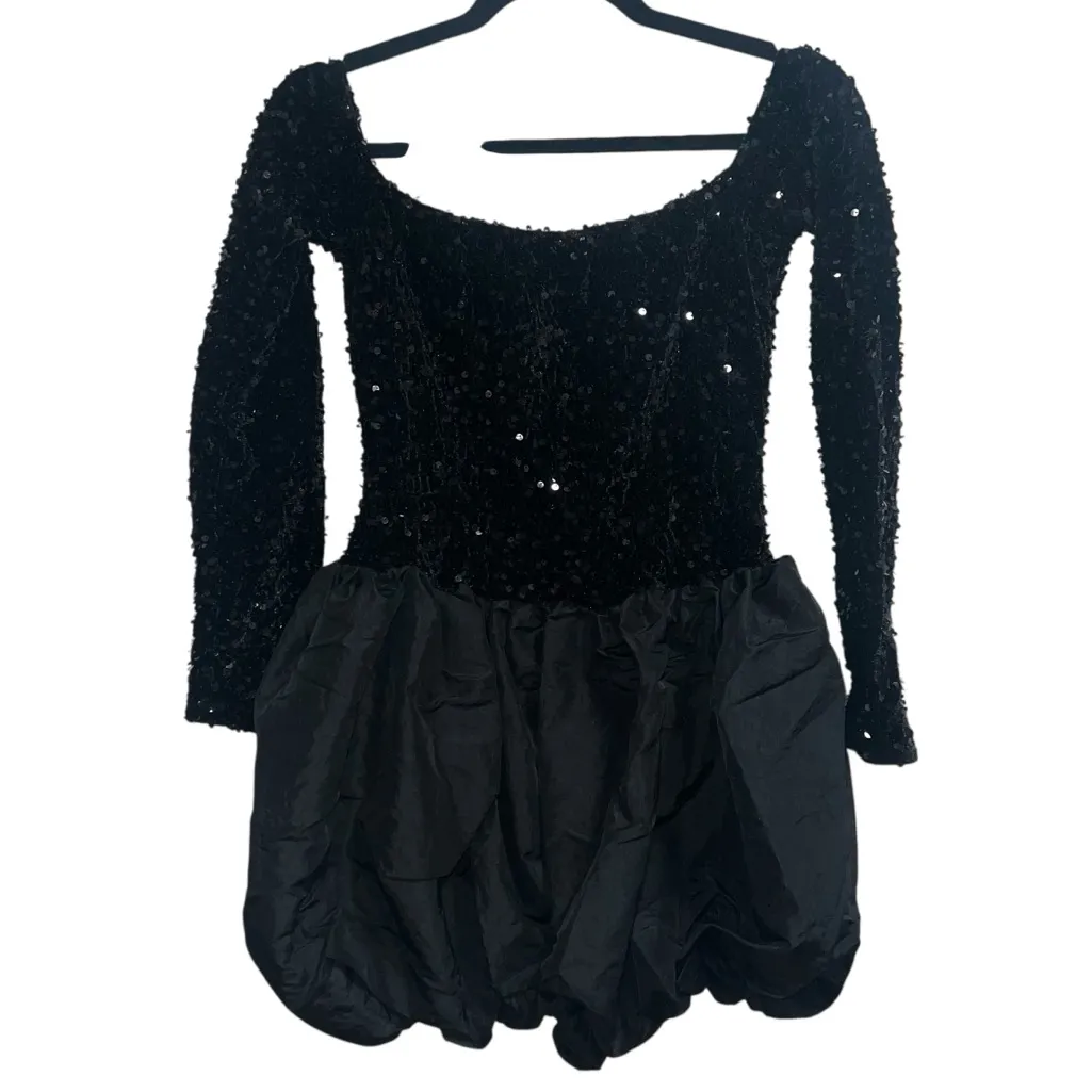 NEW NWT ASOS Design Sequin Long Sleeve Bardot Bubble Hem Mini Dress In Black - Image 8