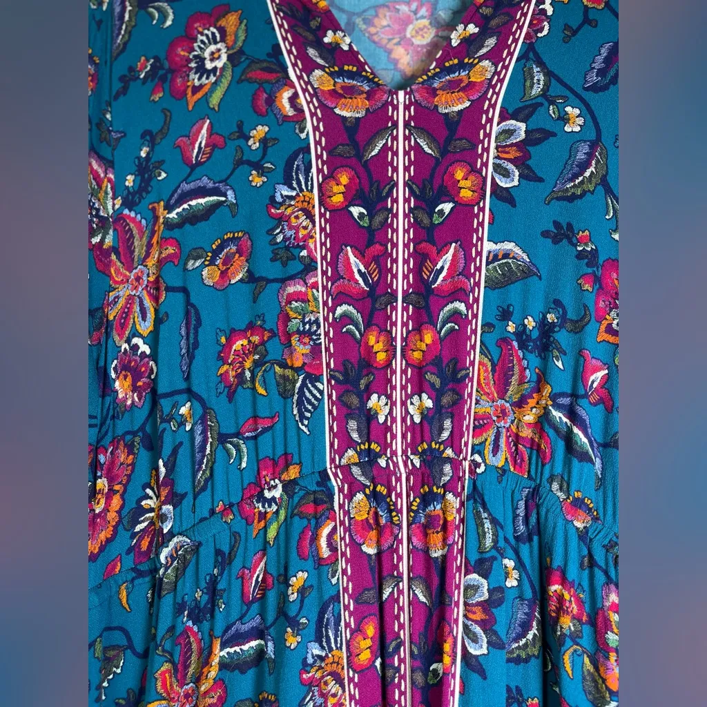 Soft Surroundings Women’s Boho Floral Maxi Dress Teal Embroidered Tiered 2X - Image 6