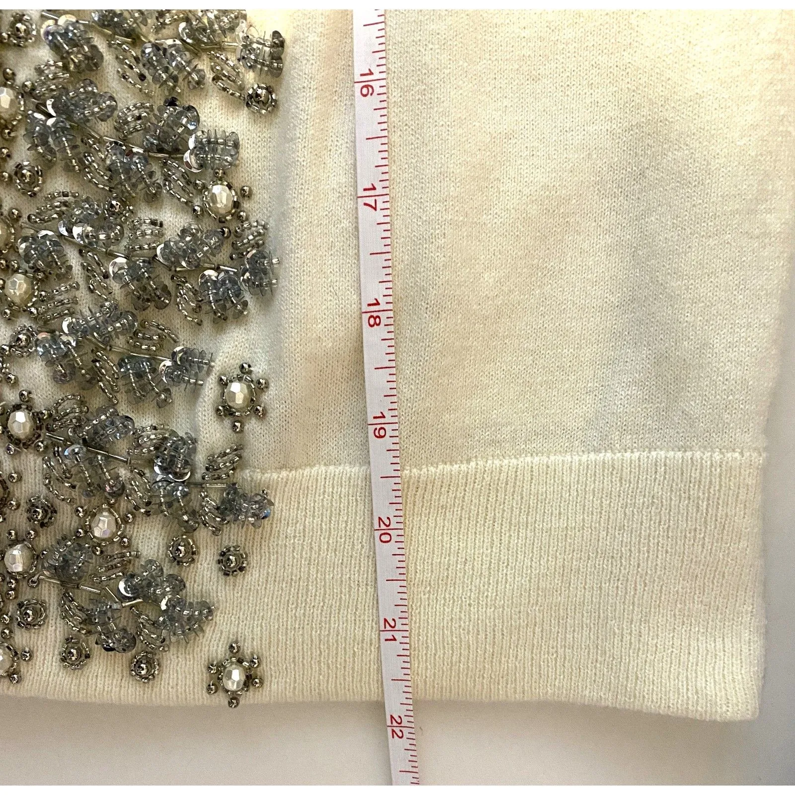 Talbots Cream Lambswool Blend Silver Beaded Bejeweled Cardigan Sweater Sz SP - Image 5