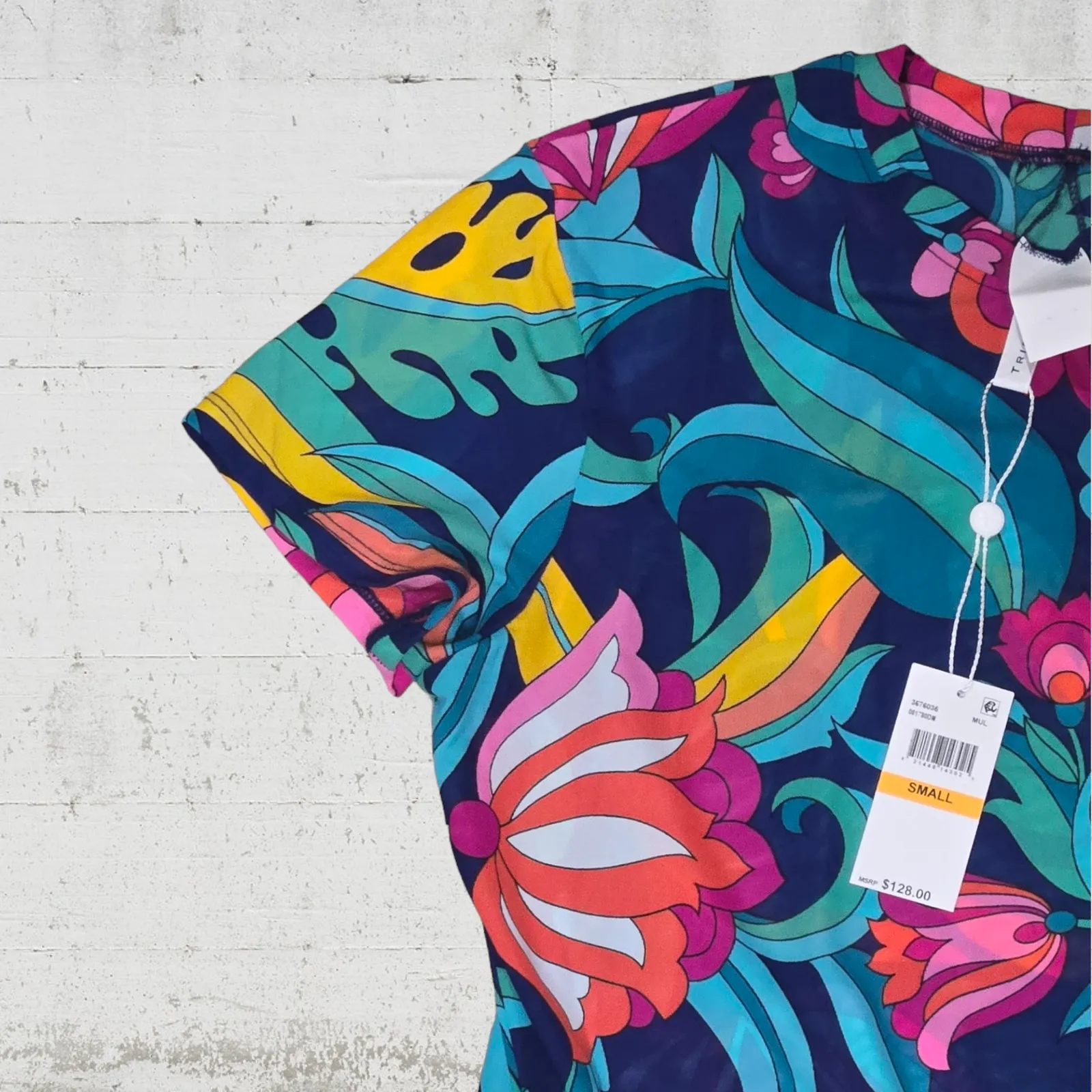 Trina Turk Retro Floral Mesh Crewneck Cinch Hem Swimsuit Cover Up Size Small - Image 6