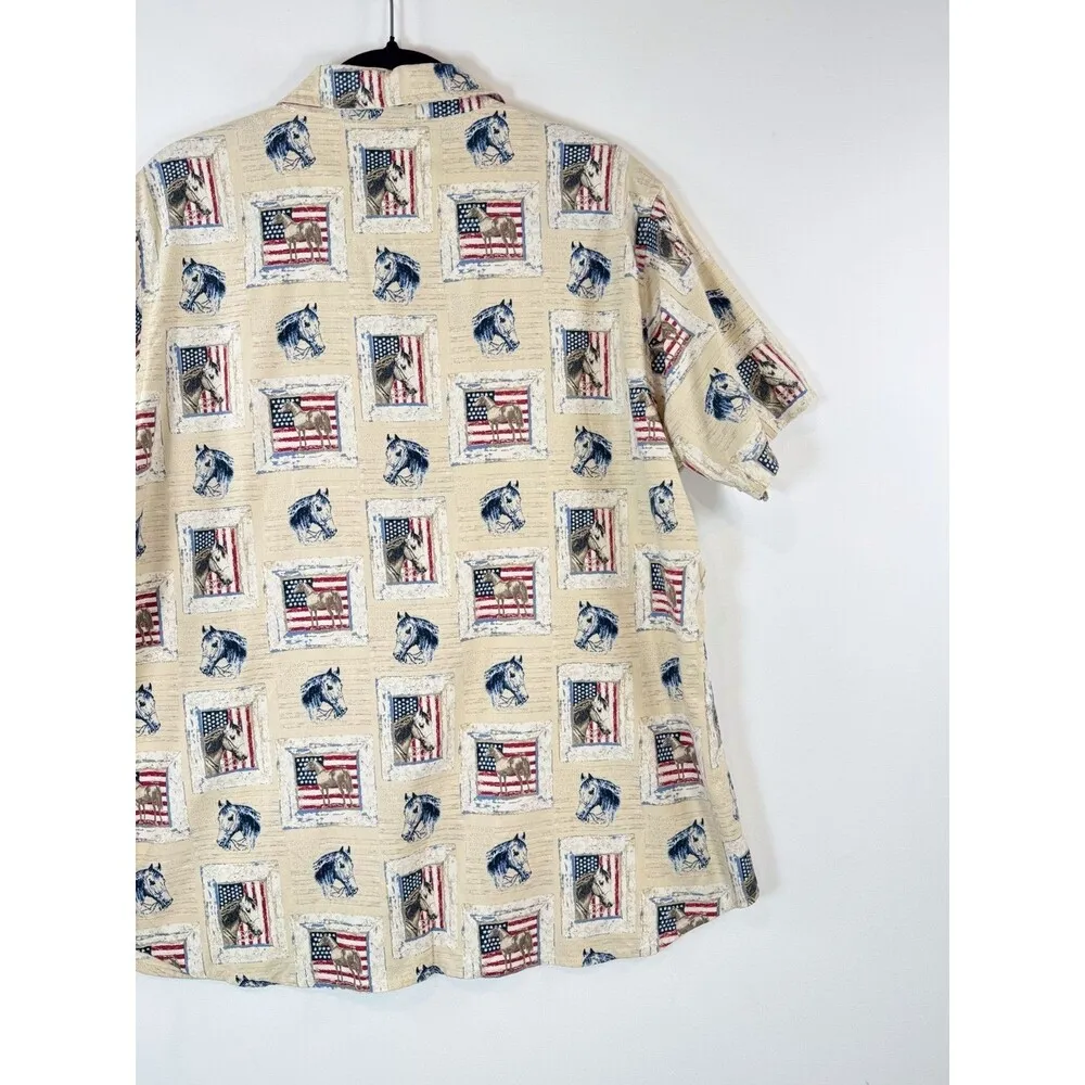 Bit & Bridle Womens Shirt Beige Button Up Horse USA Flag Equestrian Western 2XL Tan Size XXL - Image 8