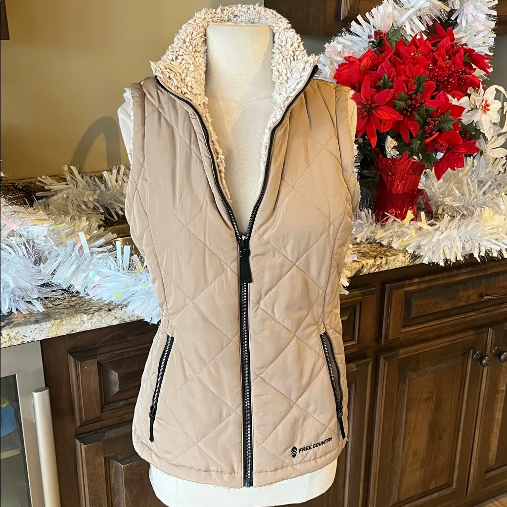 Puffer Vest Tan Reversible Frosted Sherpa Zip Ski Jacket Womens S Free Country - Image 7