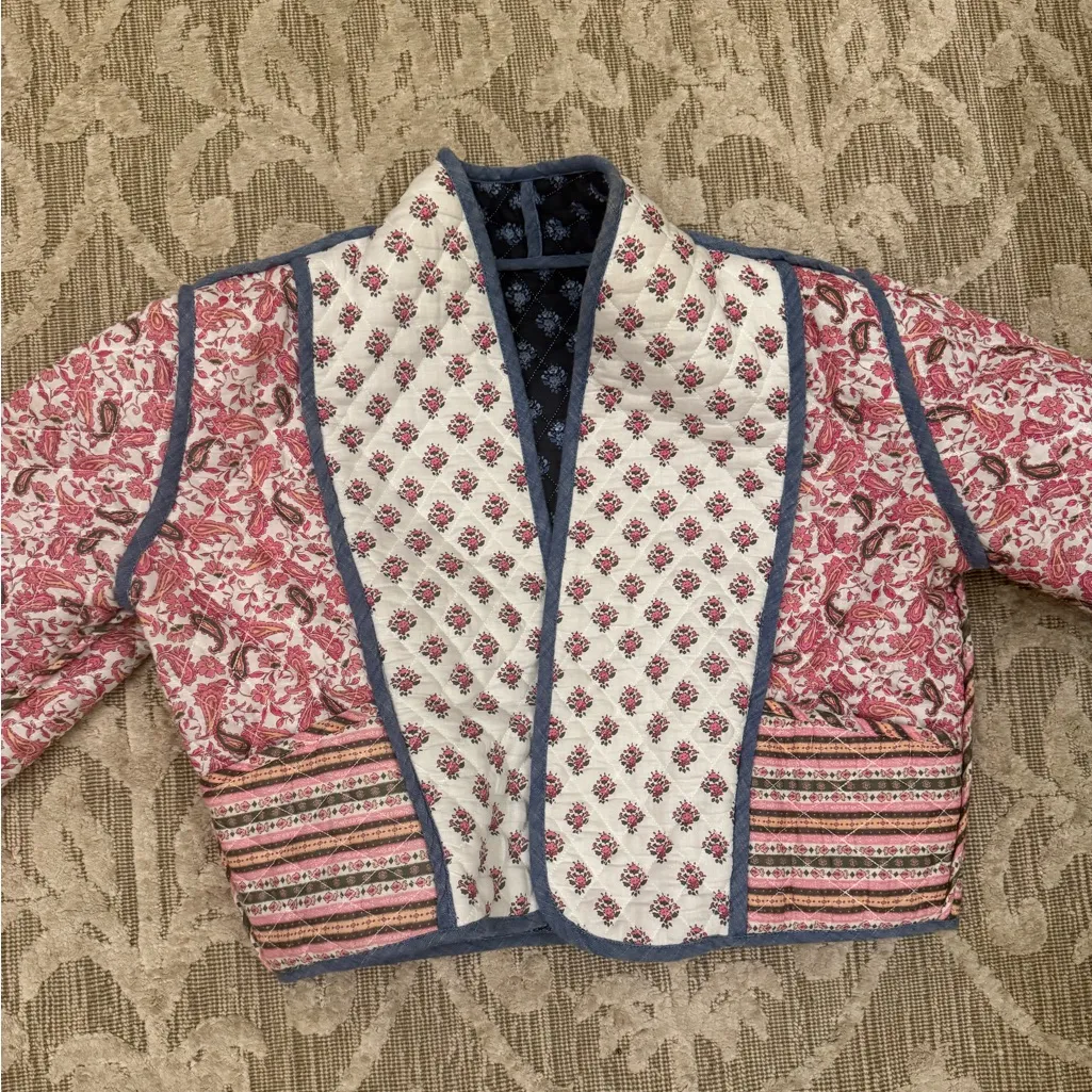 Mango QUILTED REVERSIBLE JACKET Pailsey Blue Pink White 100% Cotton Size Small - Image 13