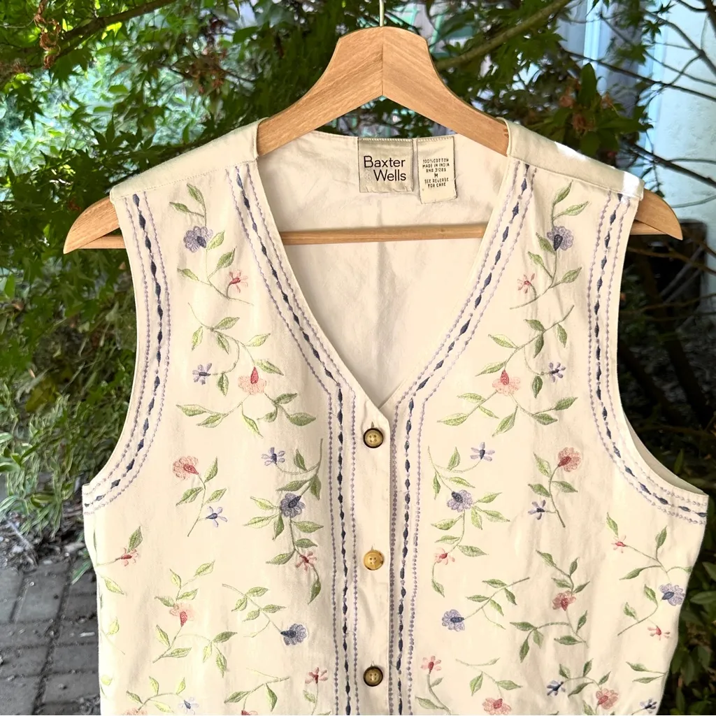 Vintage Embroidered 100% Cotton vest Baxter & Wells White Sz M Cottagecore Indie - Image 3