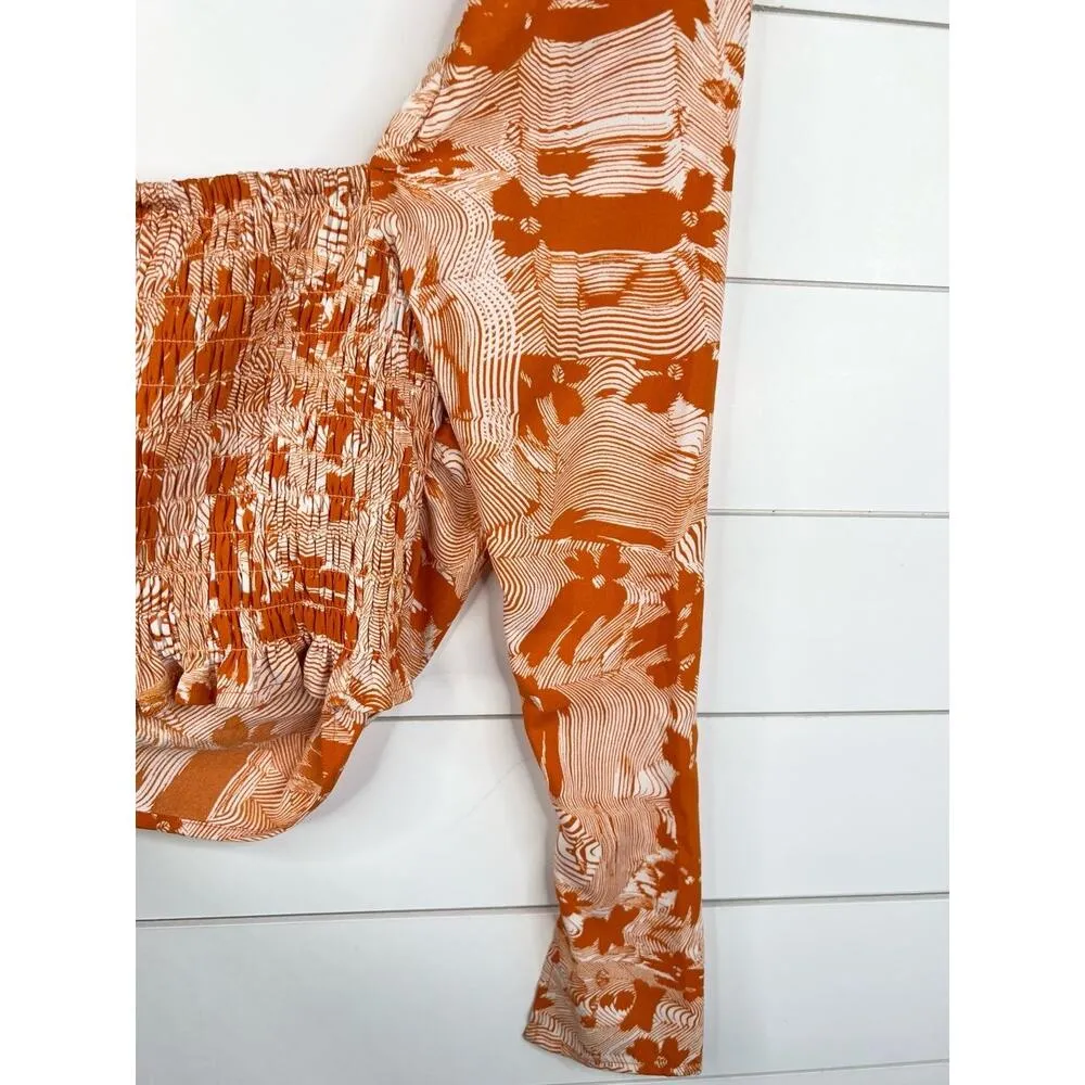 Open Edit Orange White Cowl Neck Long Sleeve Top XXS Smocked Back - Image 6