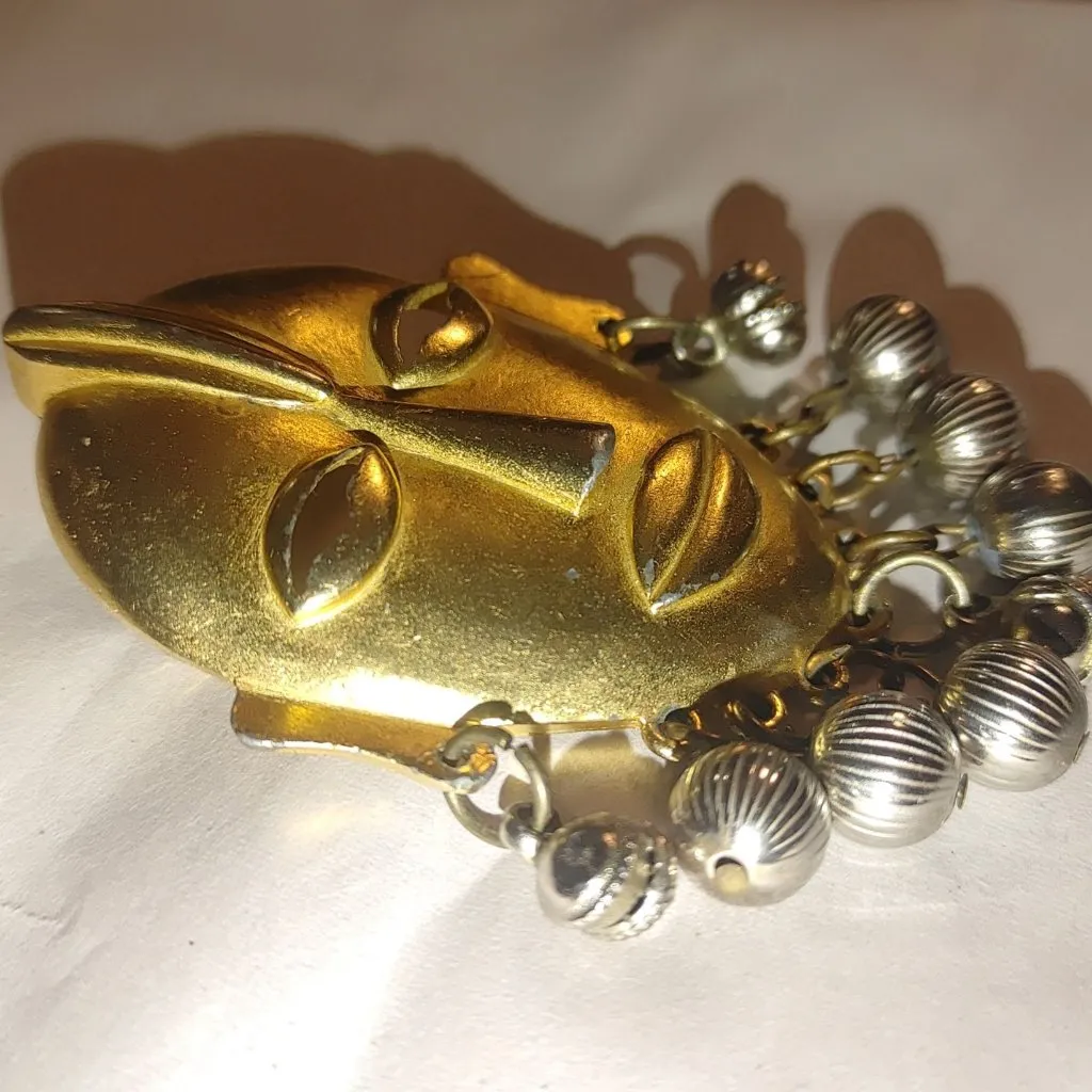 Large Tribal Mask Brooch Pin Mayan Aztec African Vintage Dangling Silver Balls Gold - Image 11