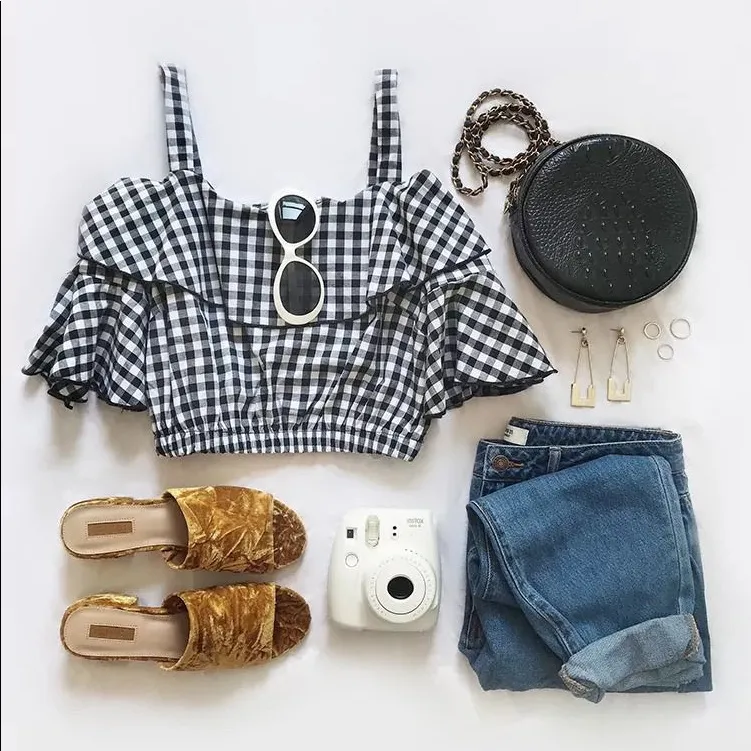 Black and White Gingham blouse crop top Size Small - Image 5