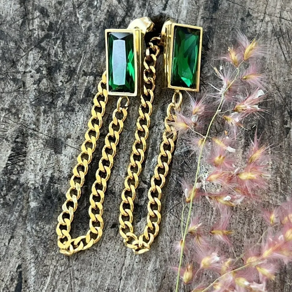 Gold Plated Tassel Emerald Green Earrings Stainless Steel Chain womens jewelry - Image 3