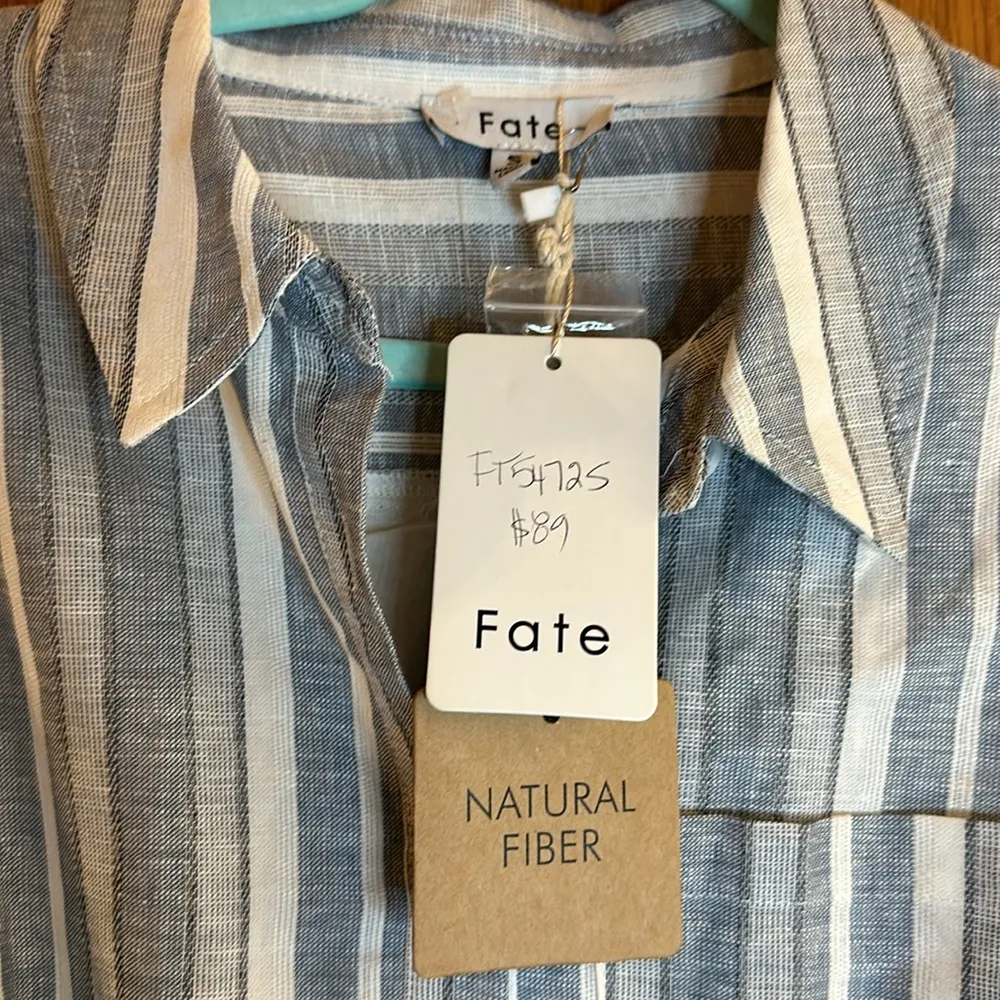 Fate Blue & White Striped Linen/Cotton Button Front Dress w/ Pockets & Tie Waist - Image 7