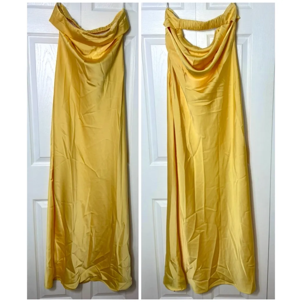 Love & Lemonade Yellow Satin Strapless Cowl Back Cutout Maxi Dress XL - Image 4