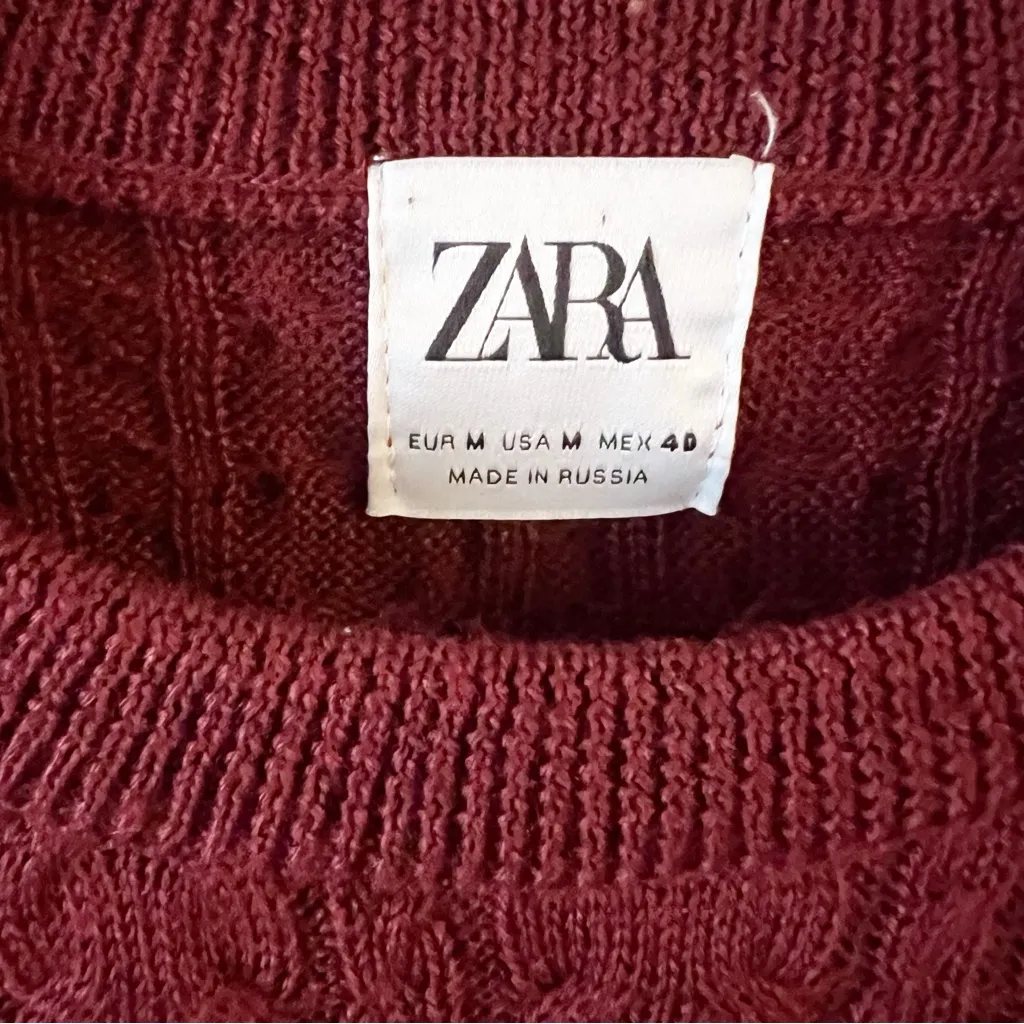 Zara Crewneck Maroon Cable Knit Sweater Size Medium Long Sleeves - Image 4