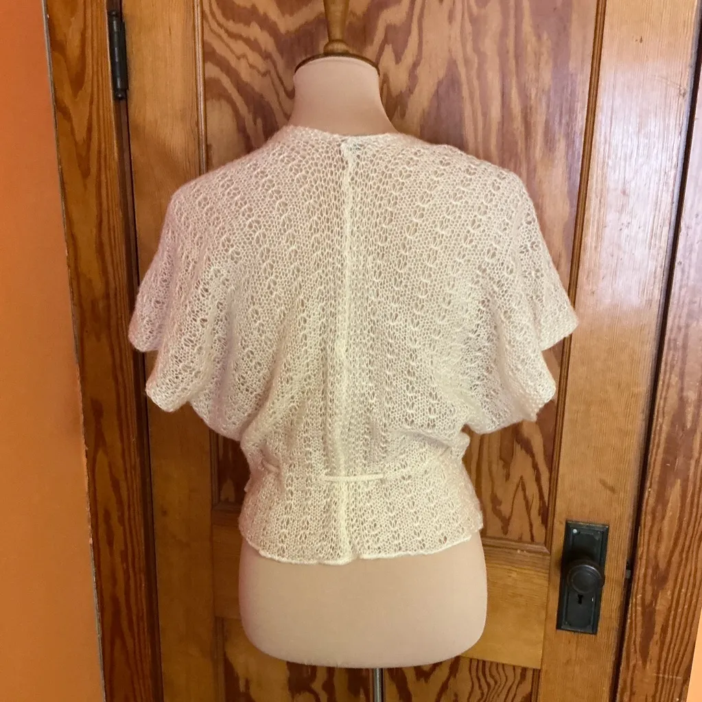 Vintage Cream Crochet Knit Tie Front Cover Up | 70s Boho Sheer cardigan - Image 6