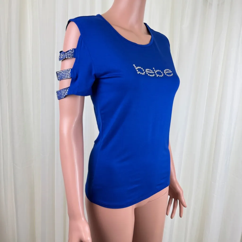 NWOT  bebe Surf The Web Logo Cut Out  Rhinestone Accent Top T-Shirt  Sz MD Blue - Image 3
