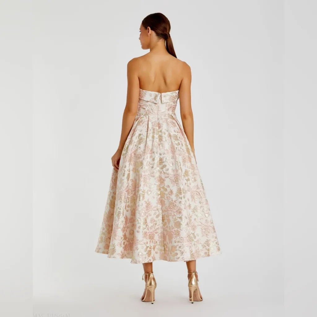 Mac Duggal 68928 Pink White Strapless Floral Brocade Midi Dress sz 2 - Image 2