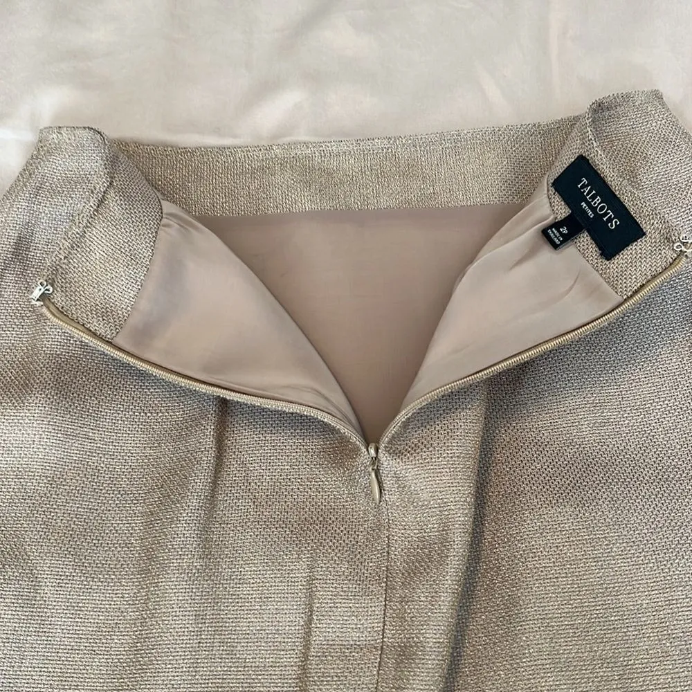 Talbots sz 2P tan mini skirt with shimmery gold threads back zip fully lined EUC - Image 9