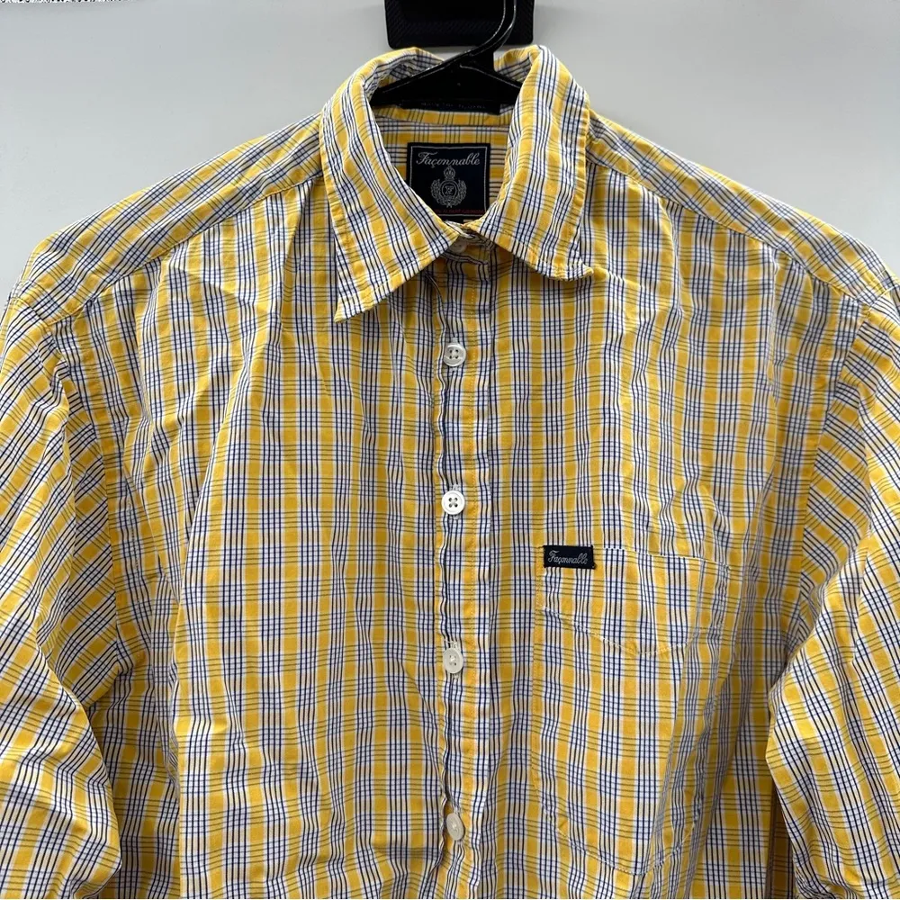 Faconnable Yellow, White & Blue Striped Plaid Long Sleeve Button Down Shirt Sz S - Image 2