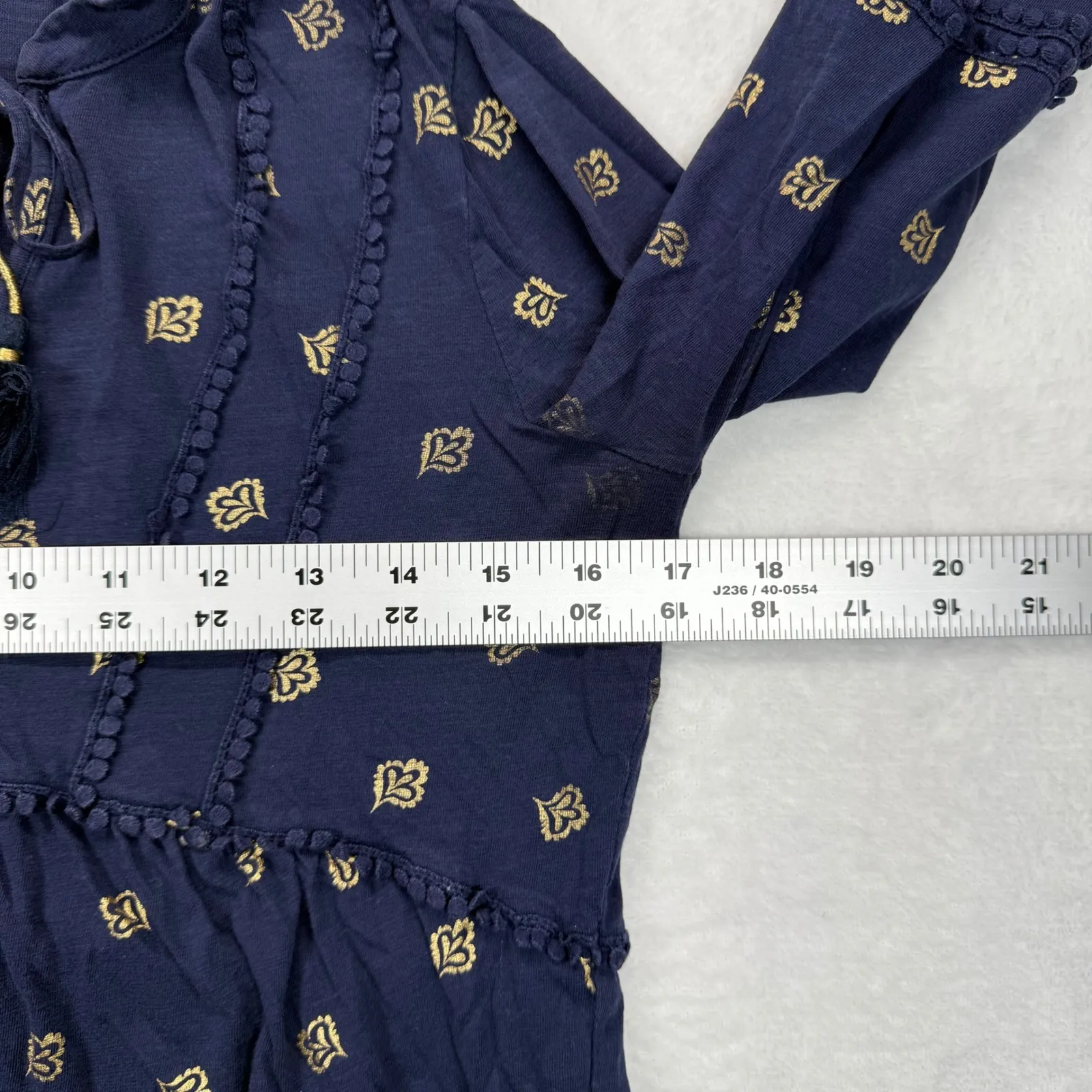 Boden Tunic Top Gold Paisley Print Ruffle Trim‎ Tie Neck 3/4 Sleeve US 4P Blue - Image 2