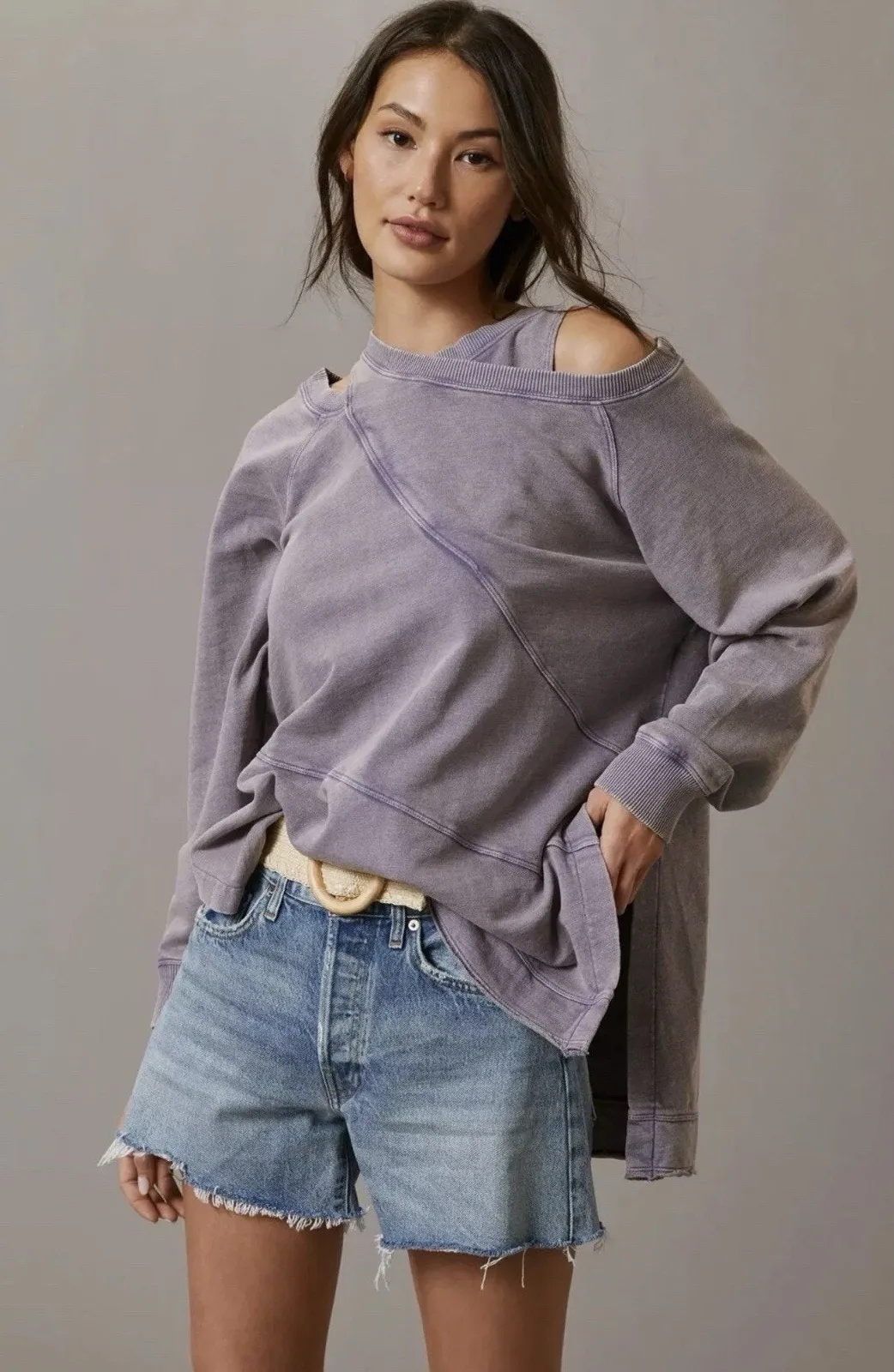 Pilcro Crossover Pullover Sweatshirt Women XXS Long Sleeve Purple Cozy Oversized - Image 1