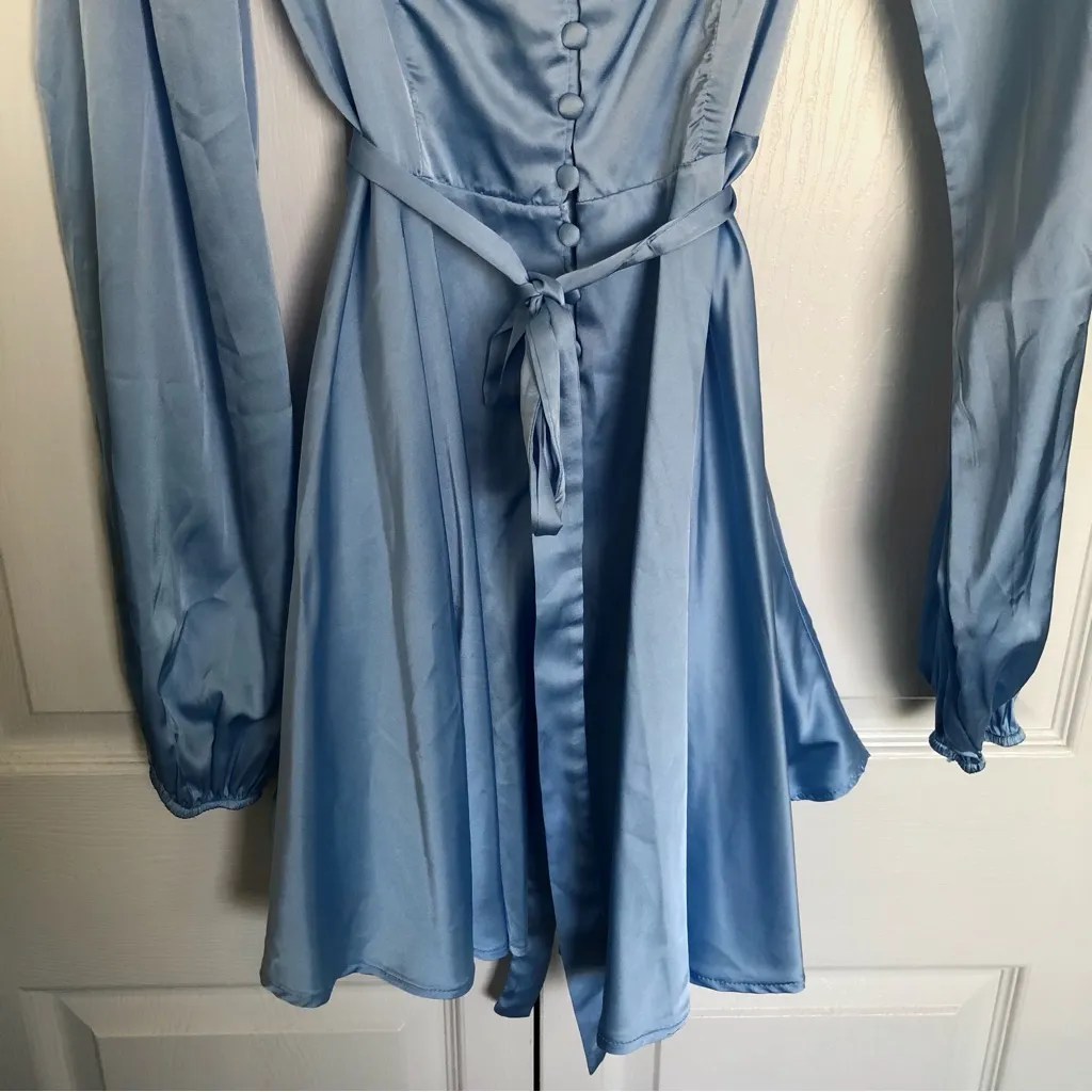 Long Sleeve Light Blue Satin Mini Dress Size M Size M - Image 4