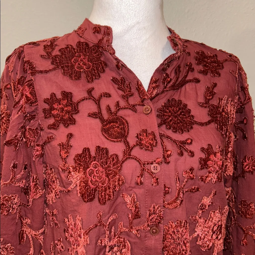 Pilcro Rust Floral Velvet Button Blouse Boho Top Size S - Image 9