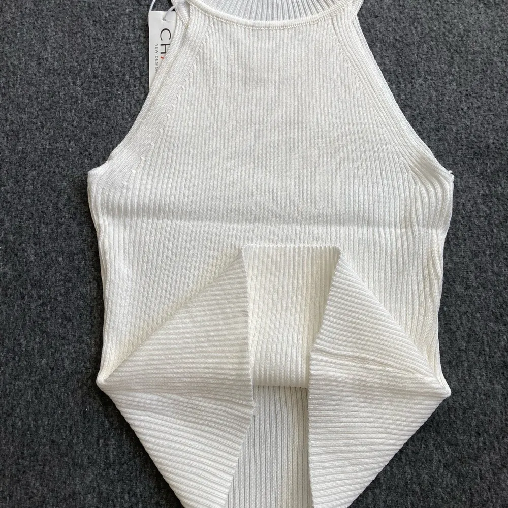 Women Ribbed Halter Tank Tops Adults Sleeveless Solid Color Round Neck Knit Crop White - Image 4