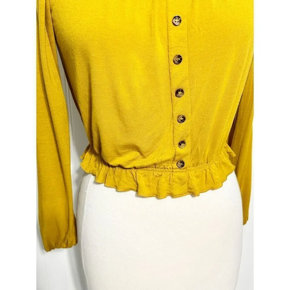 H&M Women's Cinched Waist Long Sleeve Cropped Top Blouse Mustard Yellow Size XS‎ - Image 3