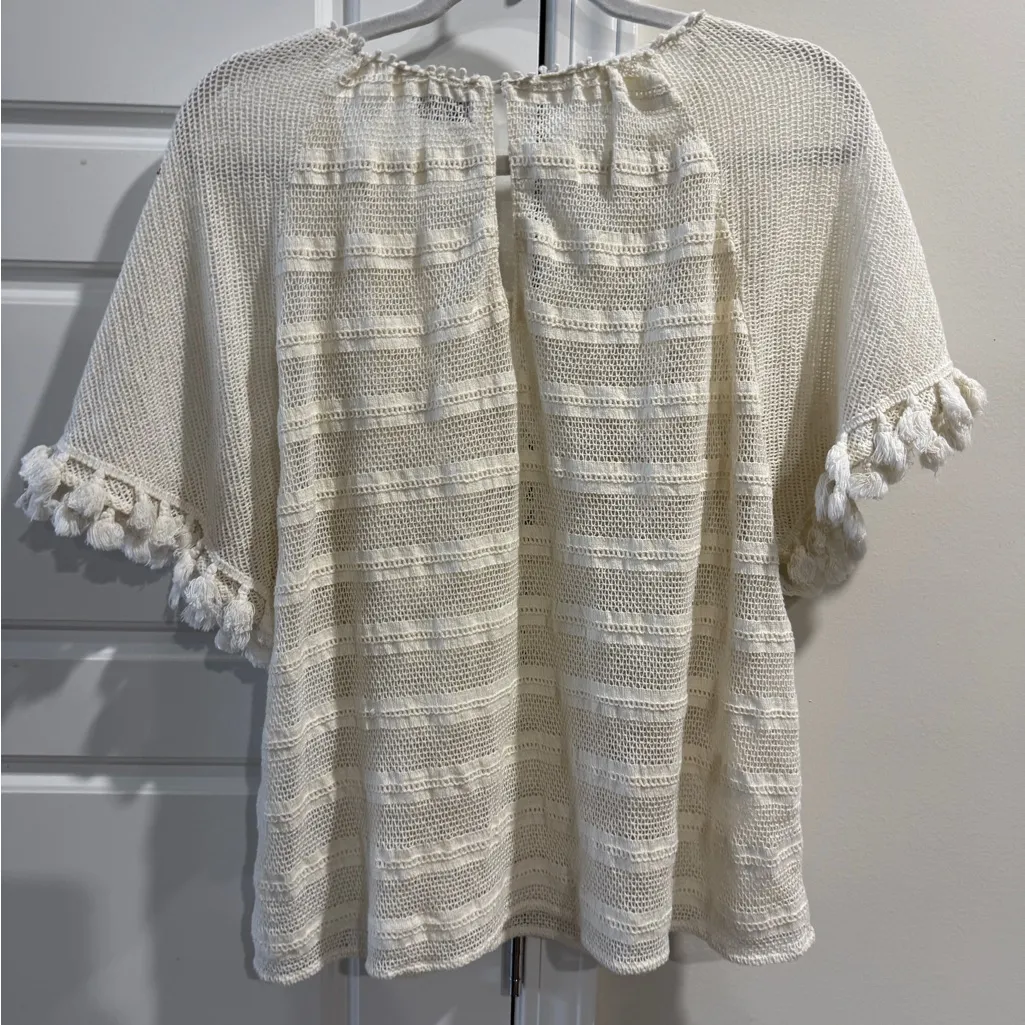 ZARA TRF COLLECTION Ivory Sheer Crochet Lace Top w/ Tasseled Sleeves Boho Hippie - Image 5