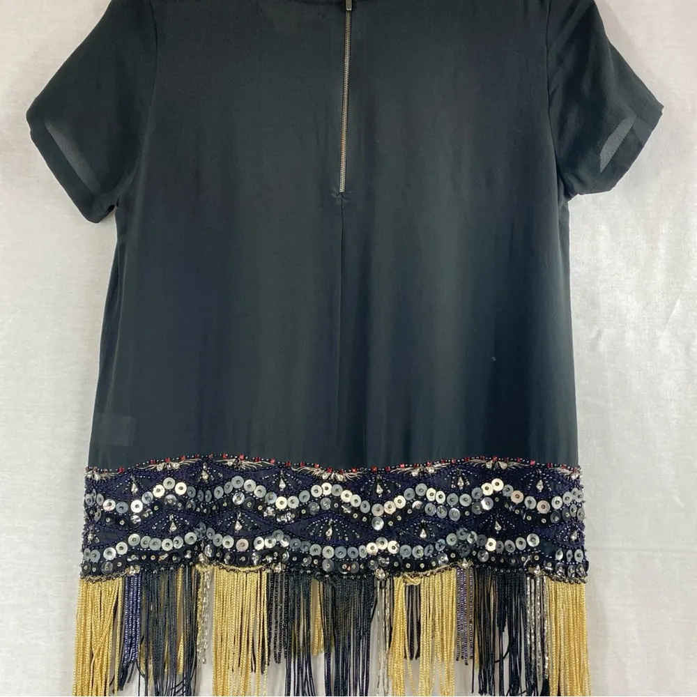 Artelier Nicole Miller Silk  Beaded Sequined Top Black Gold Fringe Sheer Small - Image 7