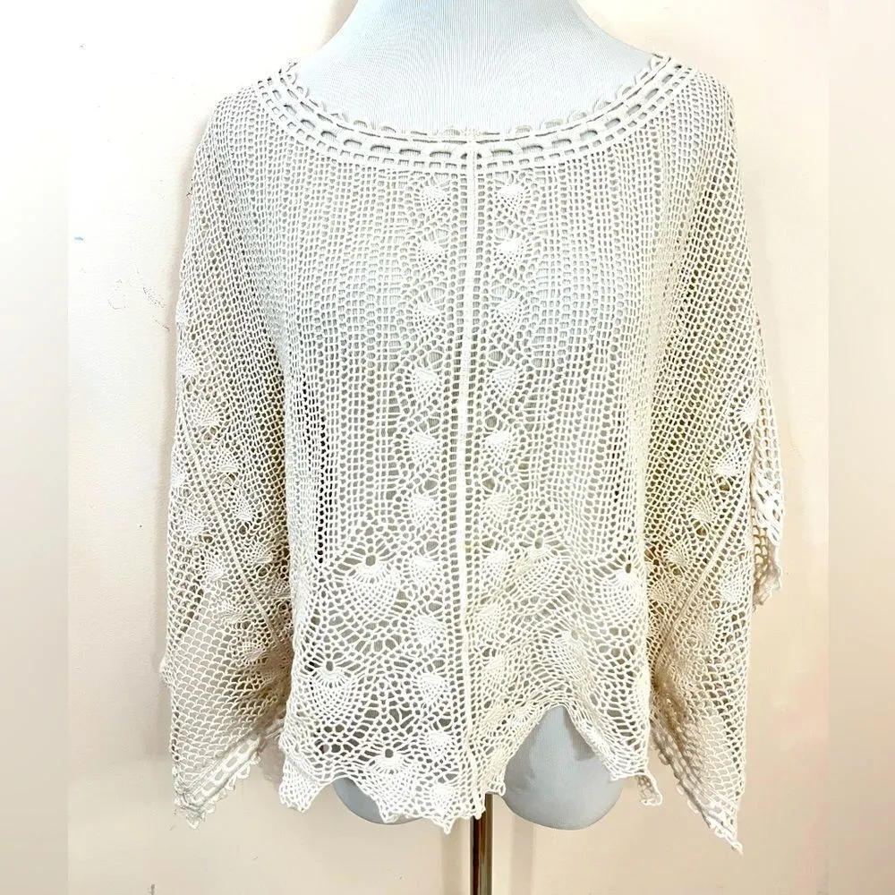 Anthropologie Sparrow Cream Summer Scalloped Crochet Poncho Top XS - Image 2