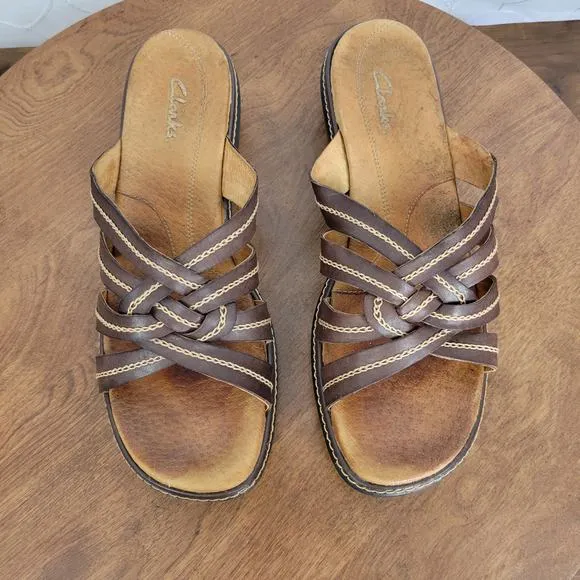 Clarks Womens Sandals Size 8M Brown Leather Open Toe Strappy Slip Ons 72678 - Image 2