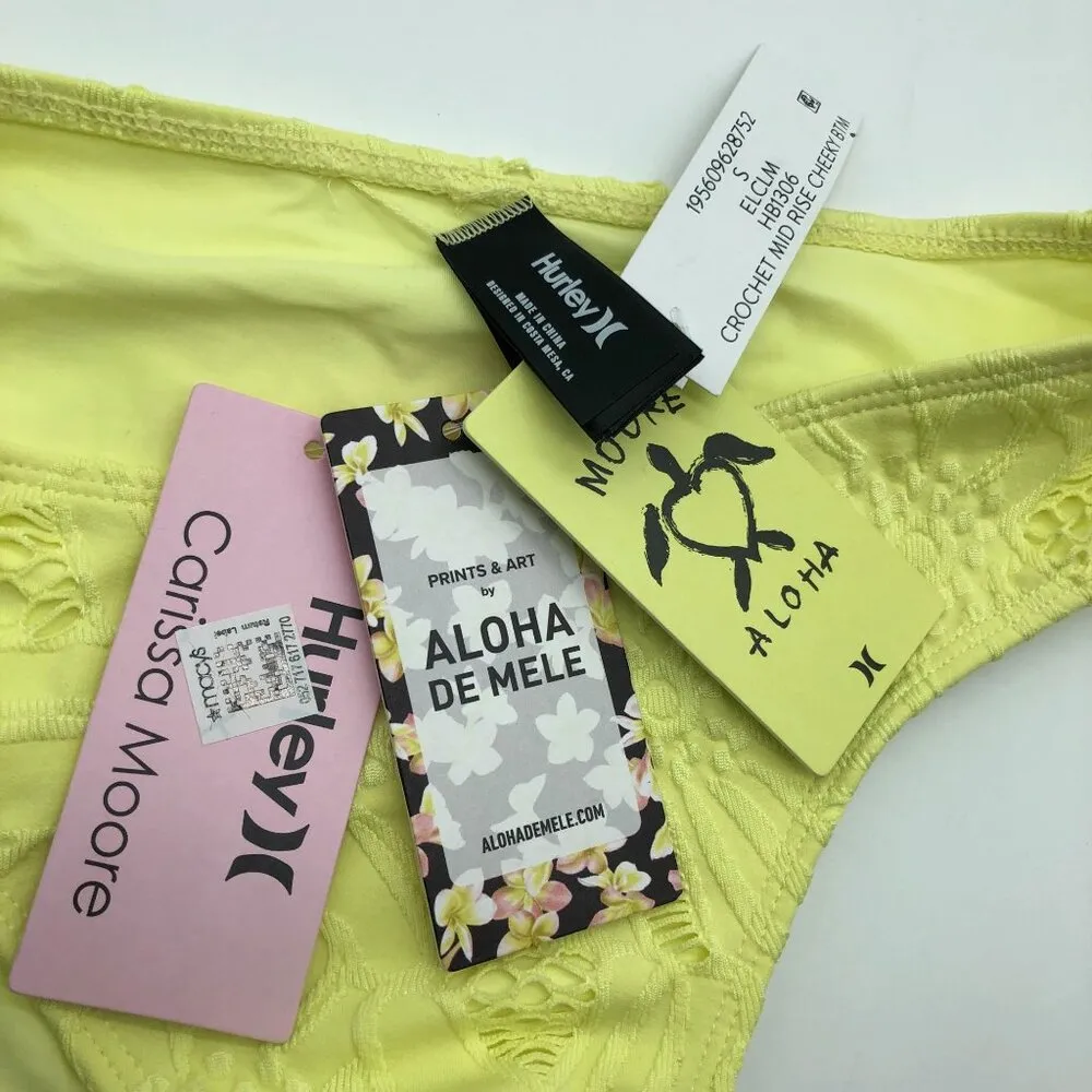 Hurley Carissa Moore Aloha Crochet Mid Rise Cheeky Swim Bikini Bottom Yellow S - Image 3