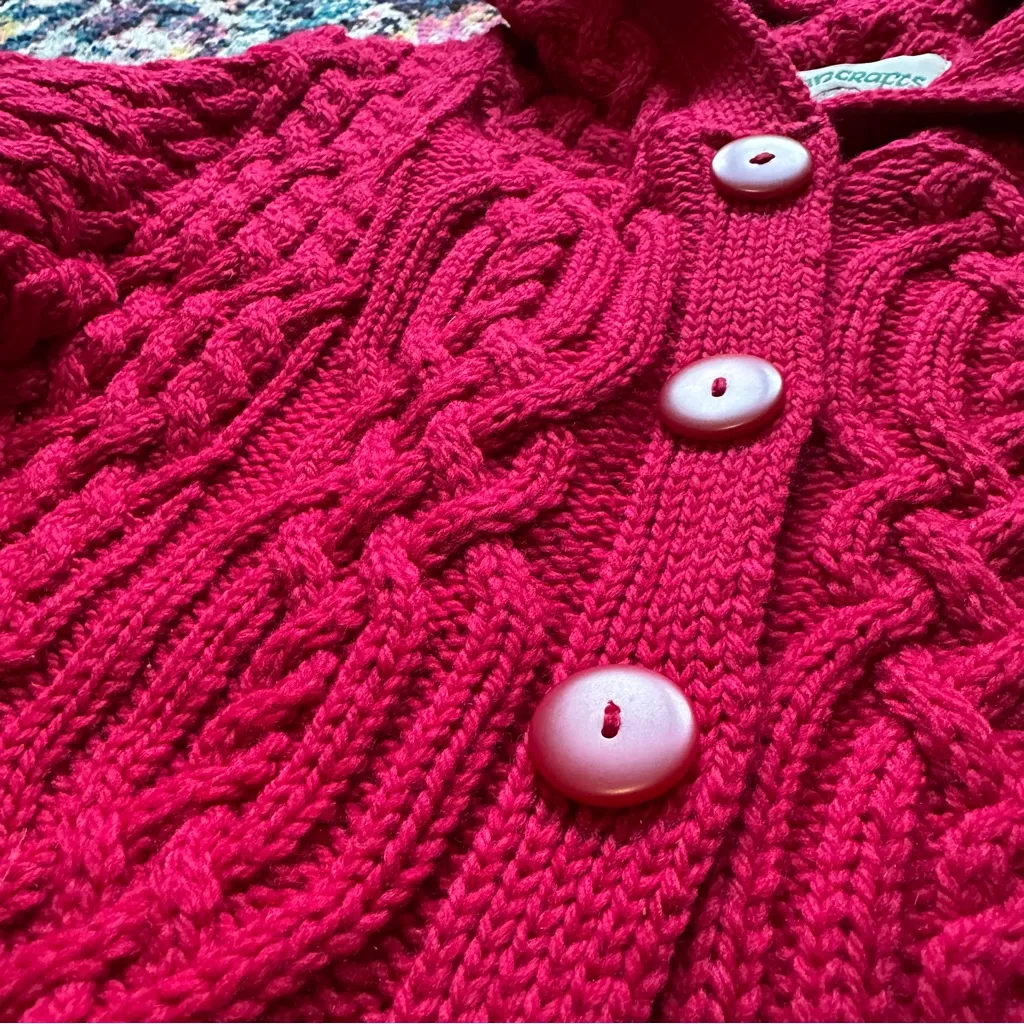 Aran Crafts Merino Wool Fisherman Cable Knit Hooded Button Front Sweater Womens Red Size XXS - Image 4
