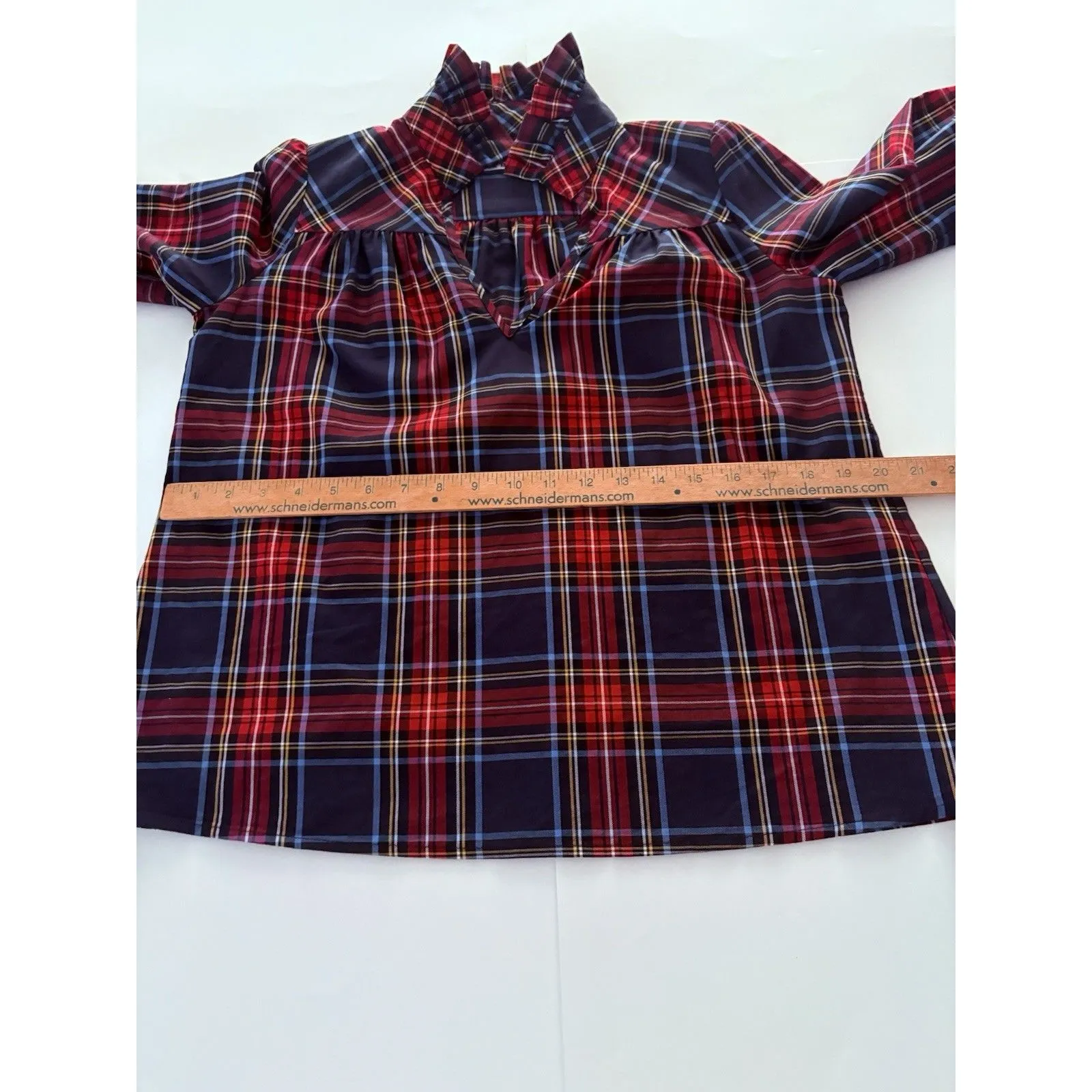 CK Bradley Ruffle Blouse Tartan Plaid Size XS Red Blue Preppy Holiday Oversize - Image 10
