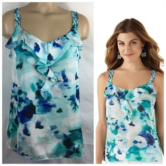 Blue & White Watercolor Print Ruffle Sleeveless Top- White House Black Market M - Image 2