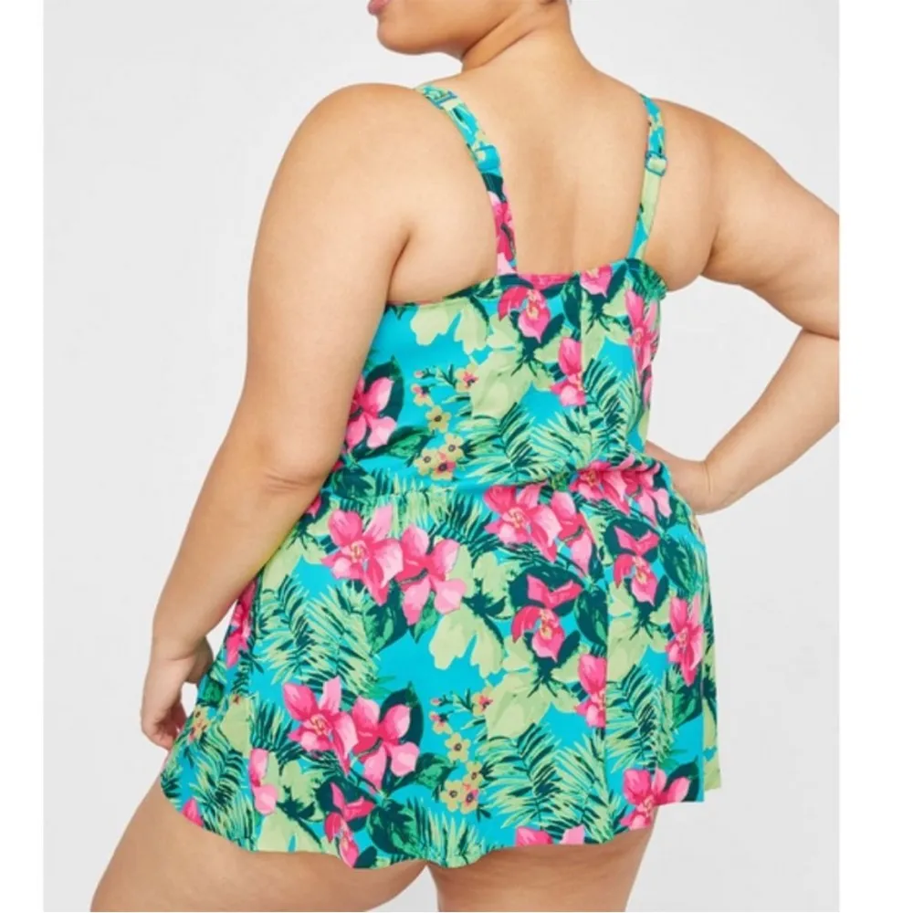 Catherines Swimsuit Swimdress One Piece Swim Dress Floral 32W Blue - Image 2