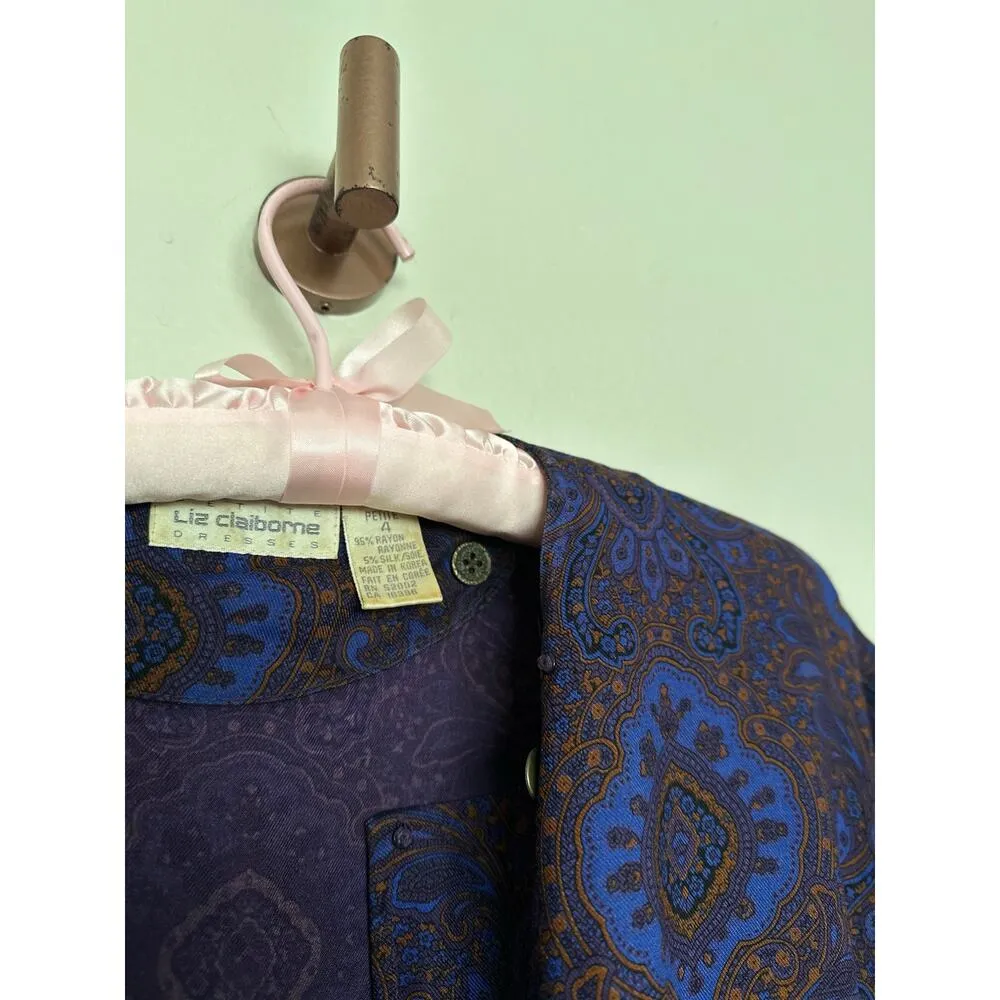 Vintage 4P 80s Paisley Purple Liz Claiborne Short Sleeve Midi Dress Boho Chic - Image 8