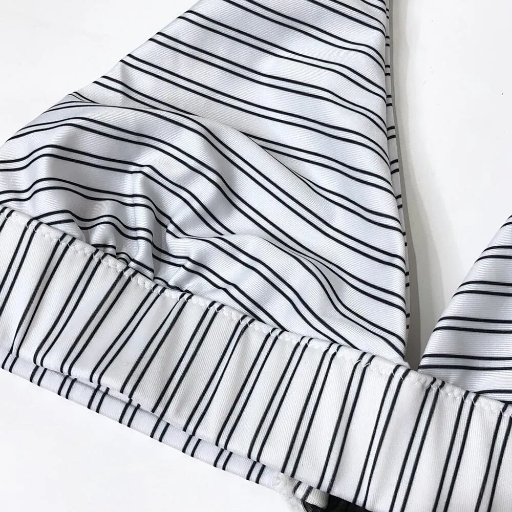 Halter Bikini Top M 8 Striped White Black Tie Neck Size M - Image 3