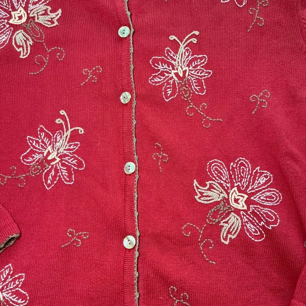 PL Talbots Red Cardigan with Floral Embroidery - Image 3