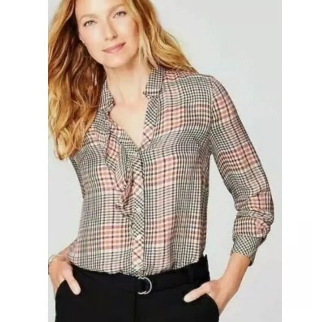 J.Jill Top Women's Glen Check Plaid Ruffled Button - Image 2