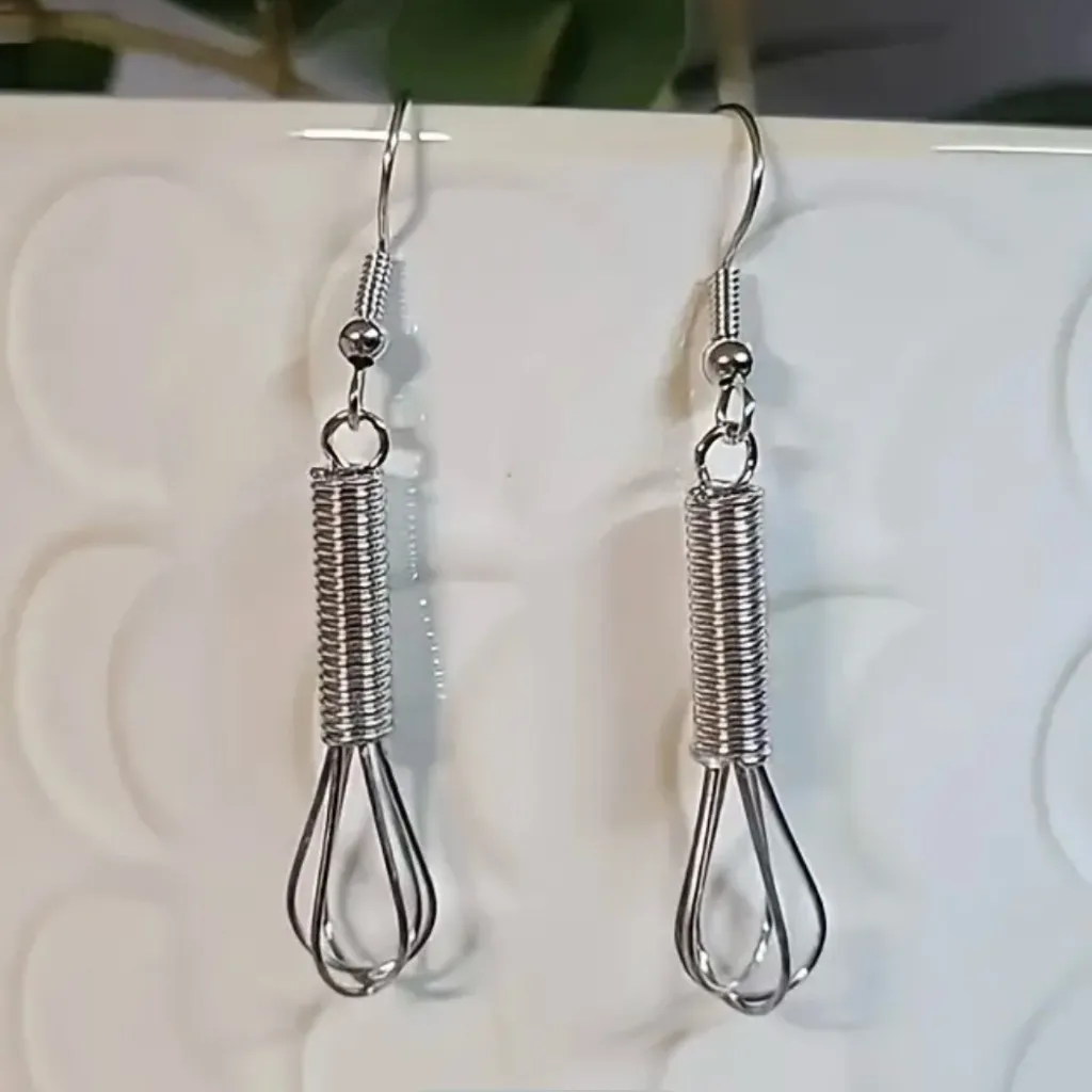 New Adorable Miniature 3D Kitchen Whisk Dangle Earrings Chef Baker Cook Silver - Image 4