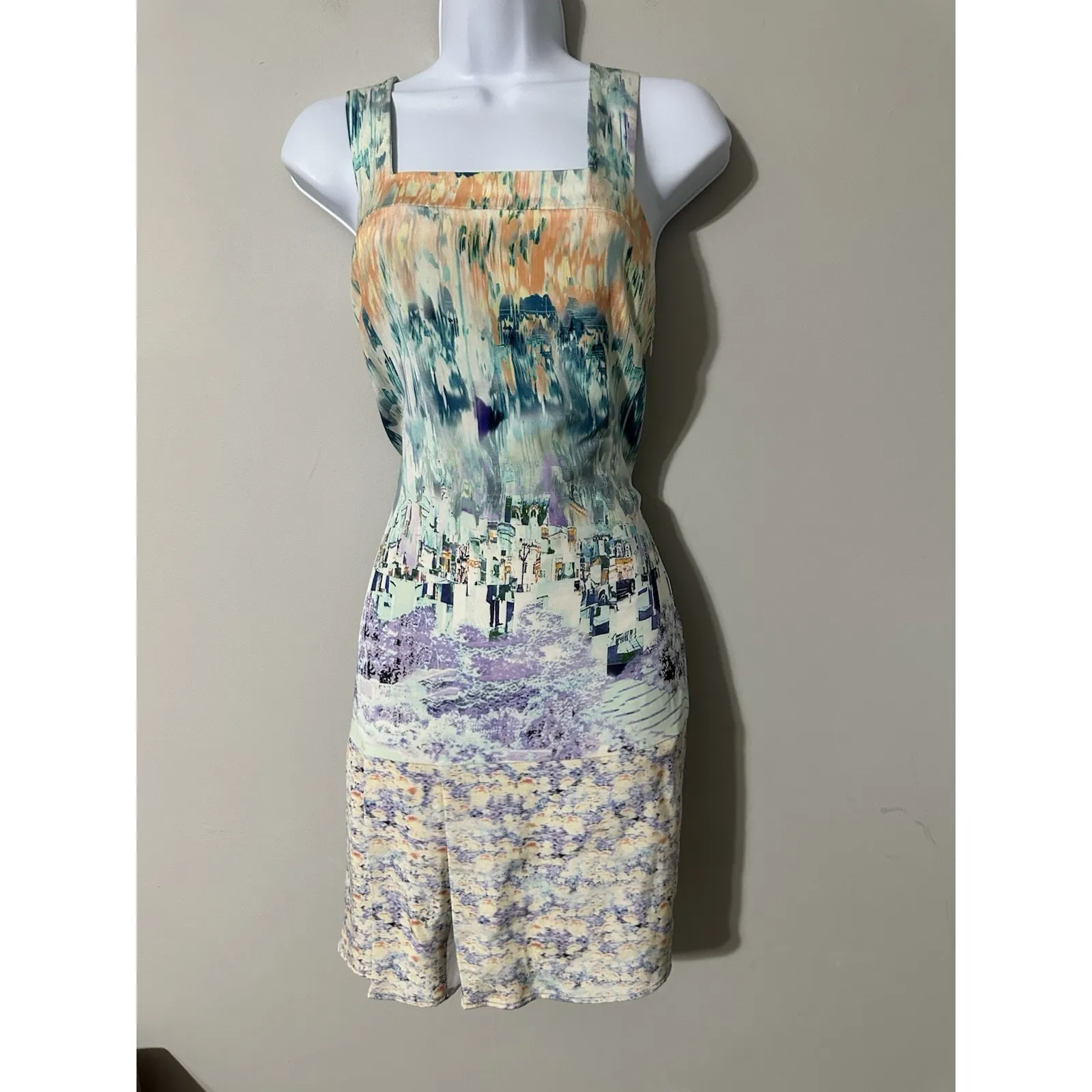 Misha Nonoo Field Hockey 100% Silk Mini Dress Size 4 Abstract Art Cityscape - Image 4