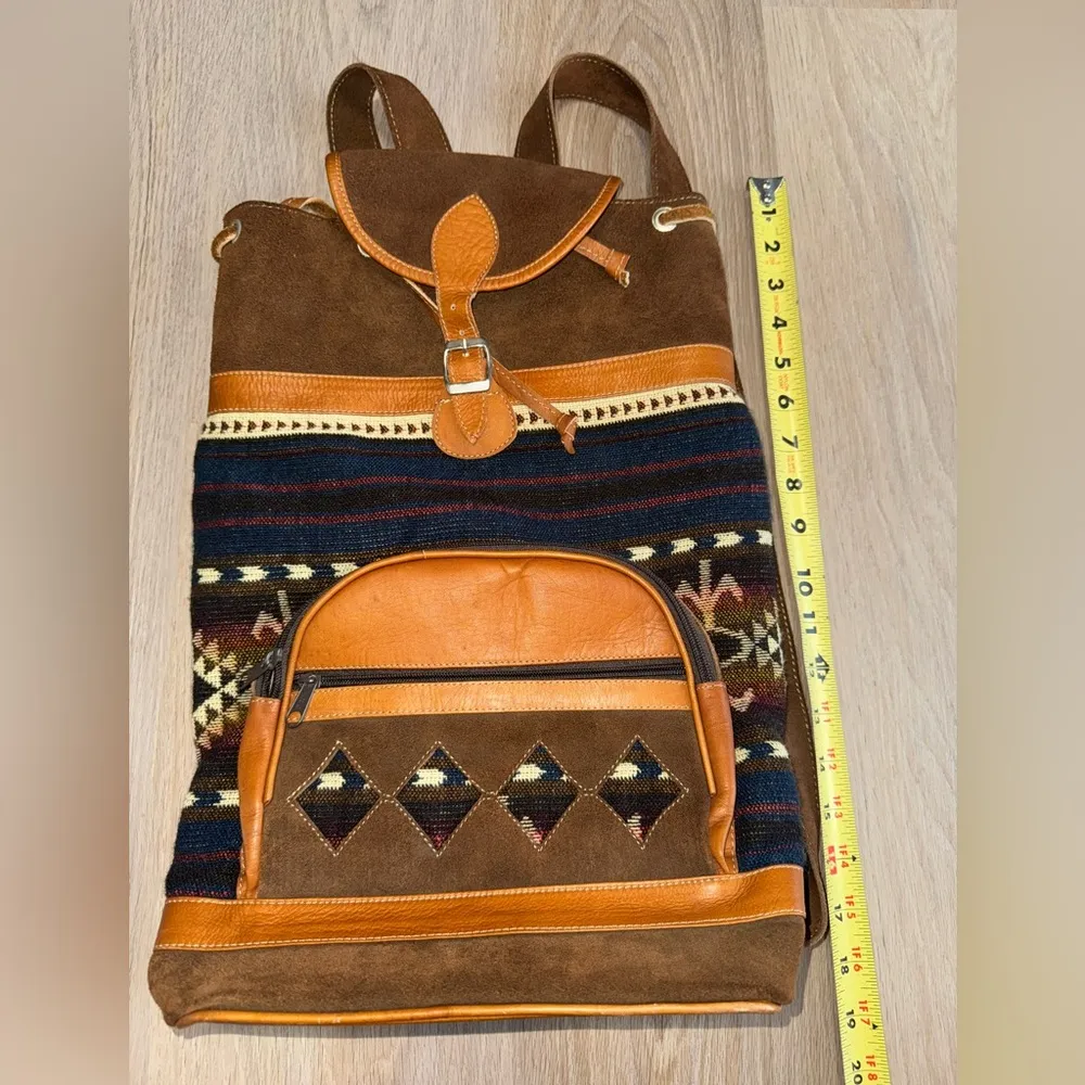 Western Leather Brown & Blue Boho Aztec Drawstring Backpack - Image 8