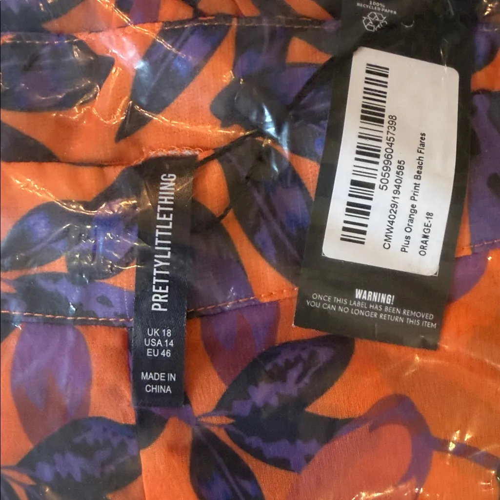 NWT PrettyLittleThing Plus Orange and Purple Floral Print Beach Flares Pants 14 - Image 7