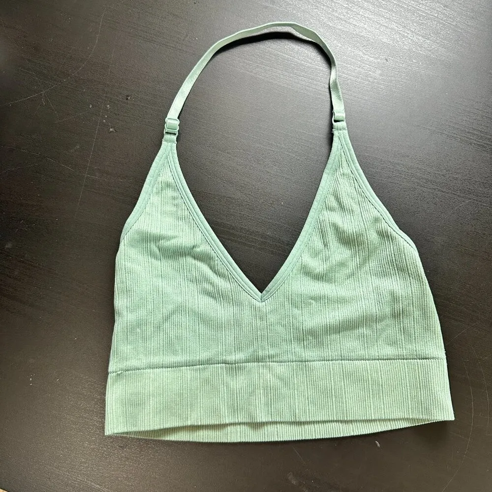Pink Victoria's Secret Ribbed Green Halter Style Bra Bralette Size Medium - Image 2